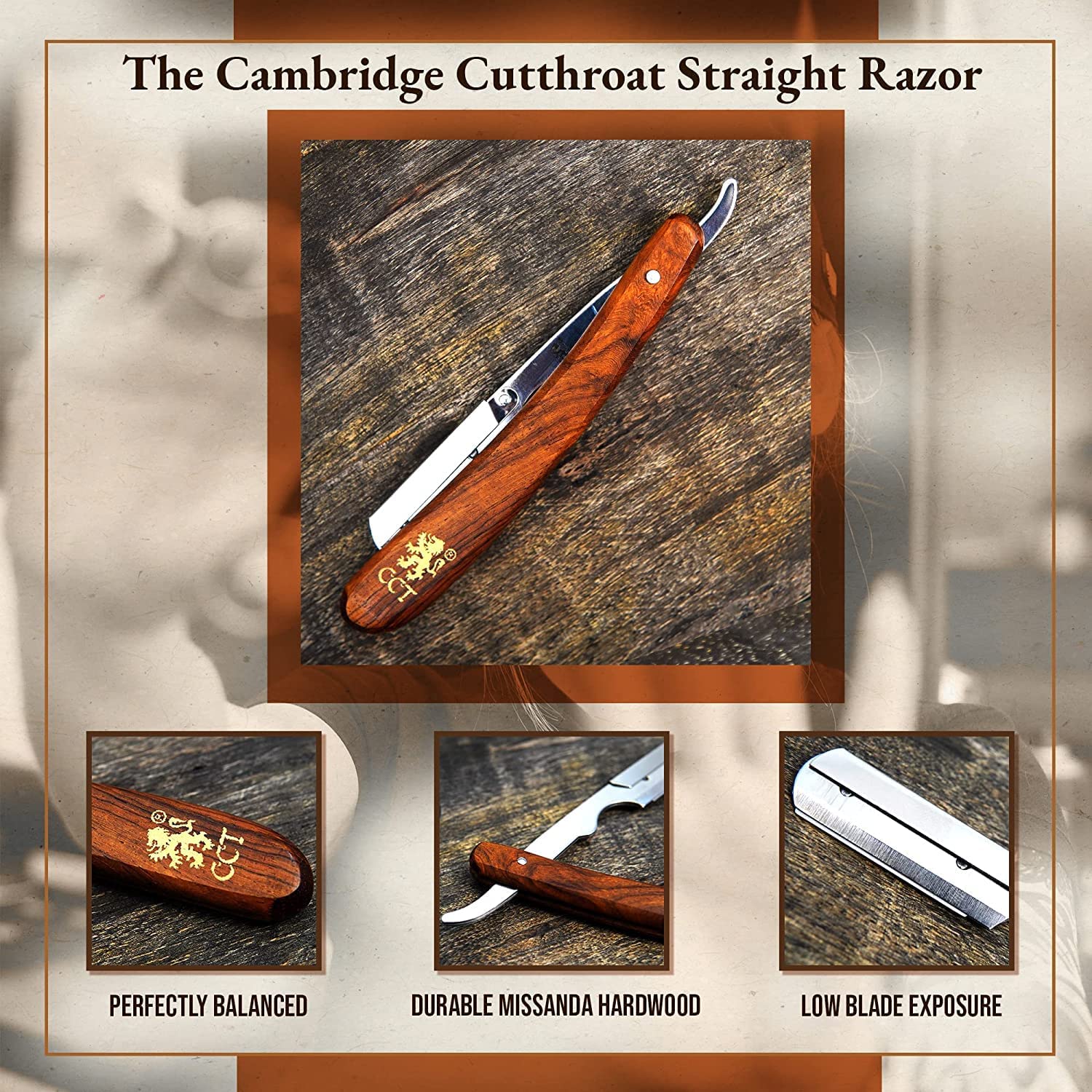 The Cambridge Cutthroat® Cut Throat Razor Kit Missanda Hardwood & Stainless Steel Professional Barber Razor, Premium Single Blade Straight Edge Razor, Moustache & Beard Shaper, Travel Pouch Included