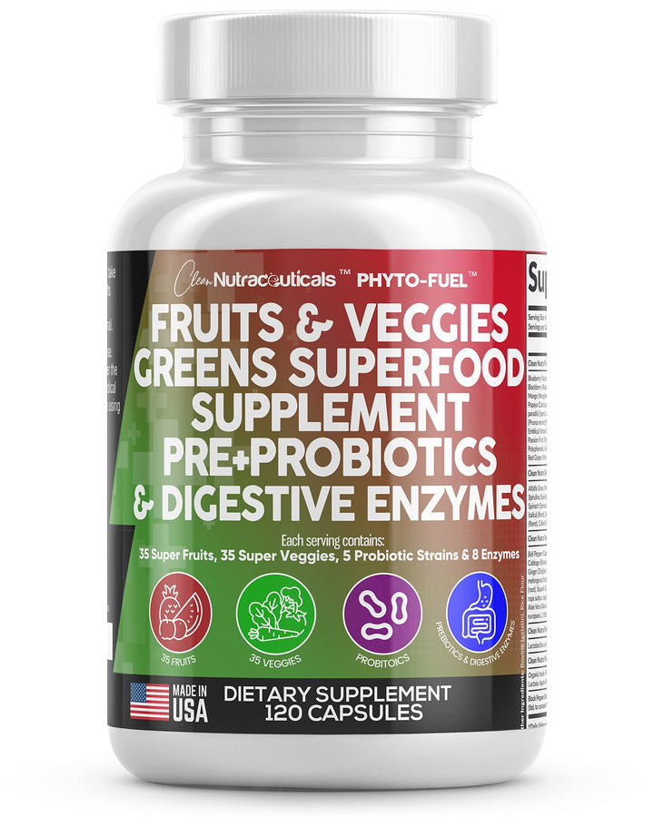 Clean Nutraceuticals Fruits and Veggies Supplement Reds & Green Superfood - Balance of Over 70 Fruit & Vegetable Supplements Capsules with Probiotics Prebiotics Digestive Enzymes - 120 Ct USA