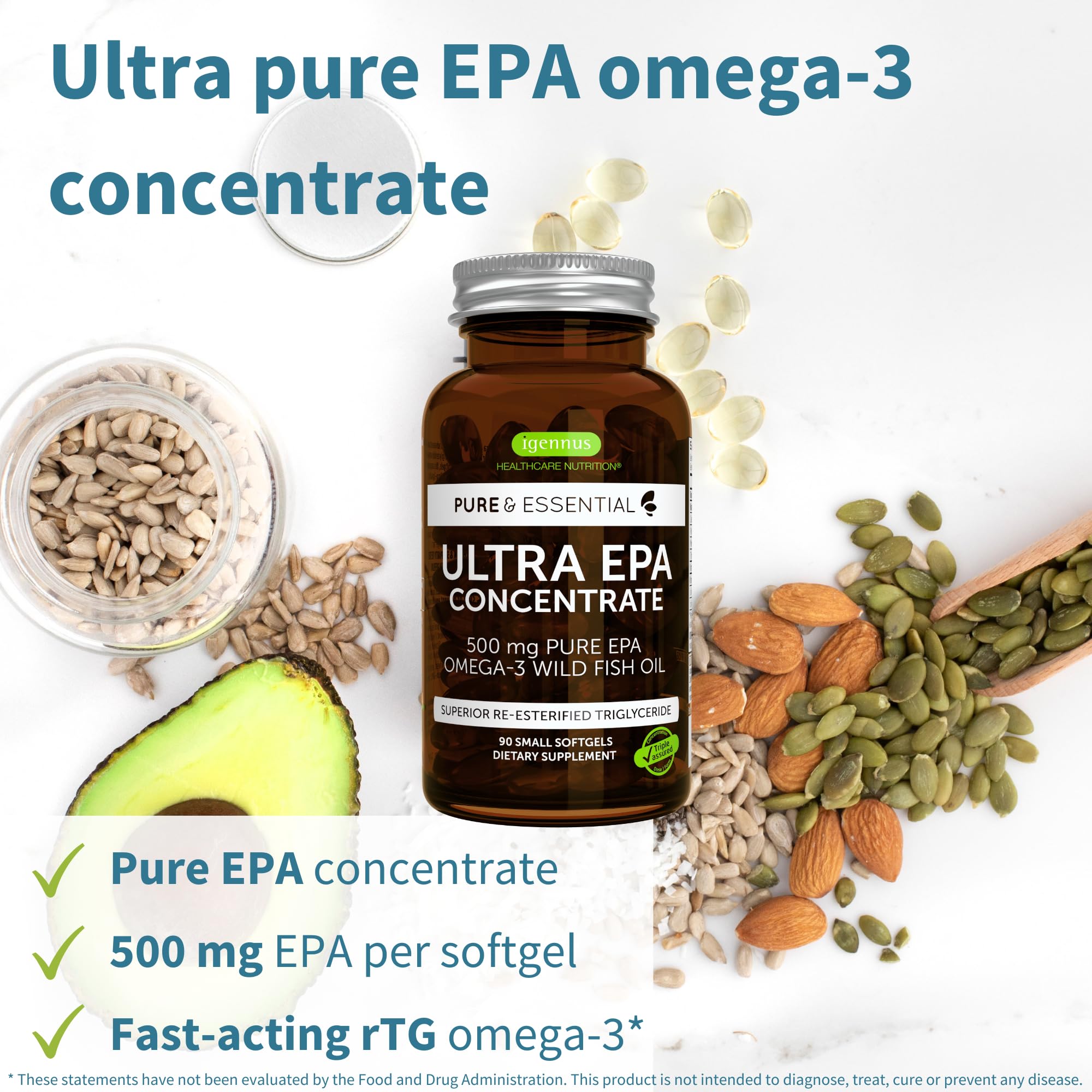 Igennus Ultra Pure Omega-3 EPA 500mg, Highly Concentrated Wild Caught Fish Oil, Advanced rTG Triglyceride Form, Non-GMO, 90 Small Softgels
