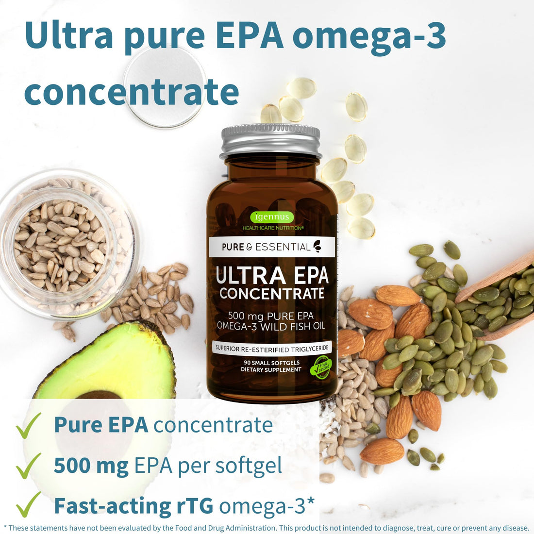 Igennus Ultra Pure Omega-3 EPA 500mg, Highly Concentrated Wild Caught Fish Oil, Advanced rTG Triglyceride Form, Non-GMO, 90 Small Softgels