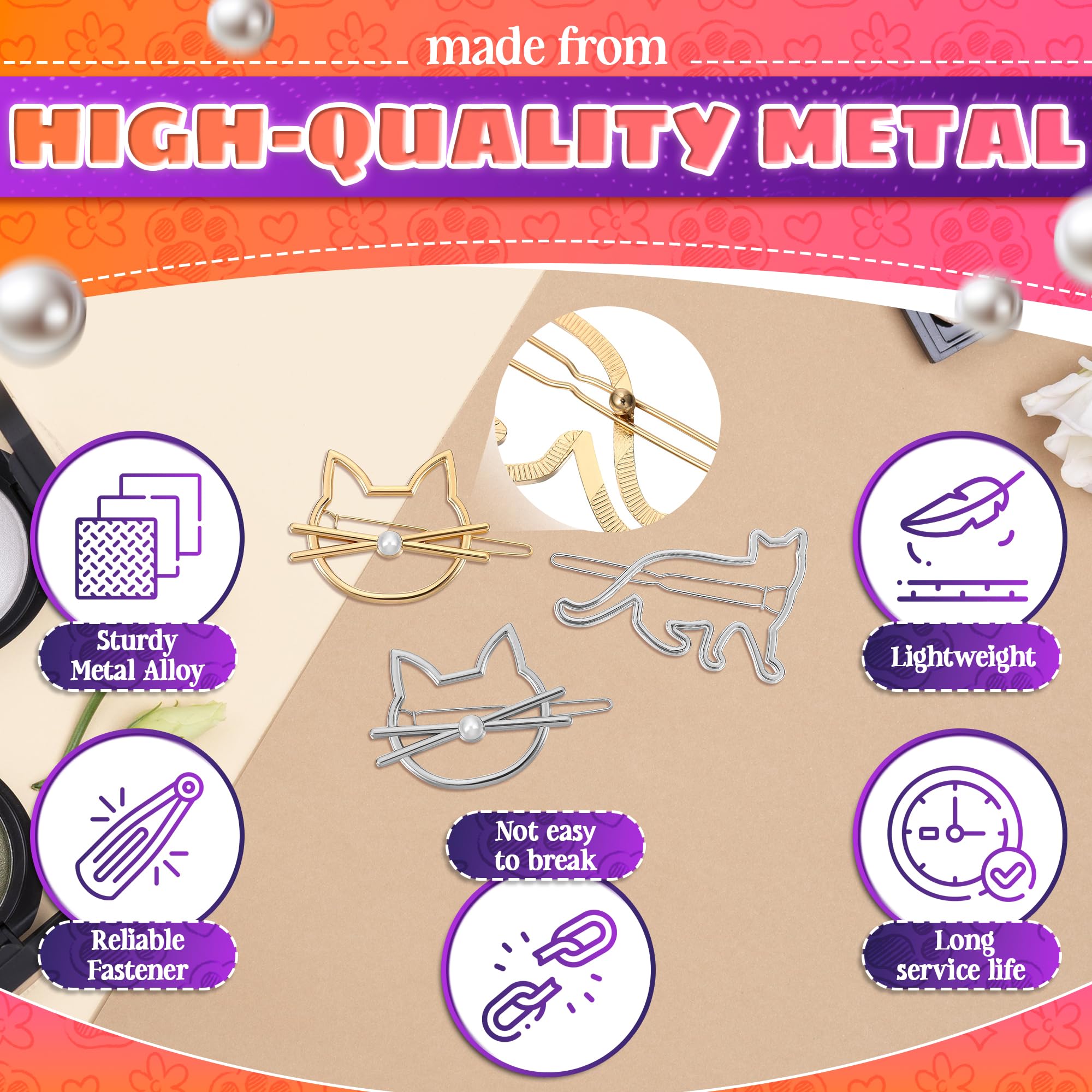 HUELE Set of 3 Cat Kitty Novelty Hair Clip barrette Cat Hair Clips with Pearl for Women and Girls Apply to Party and Casual