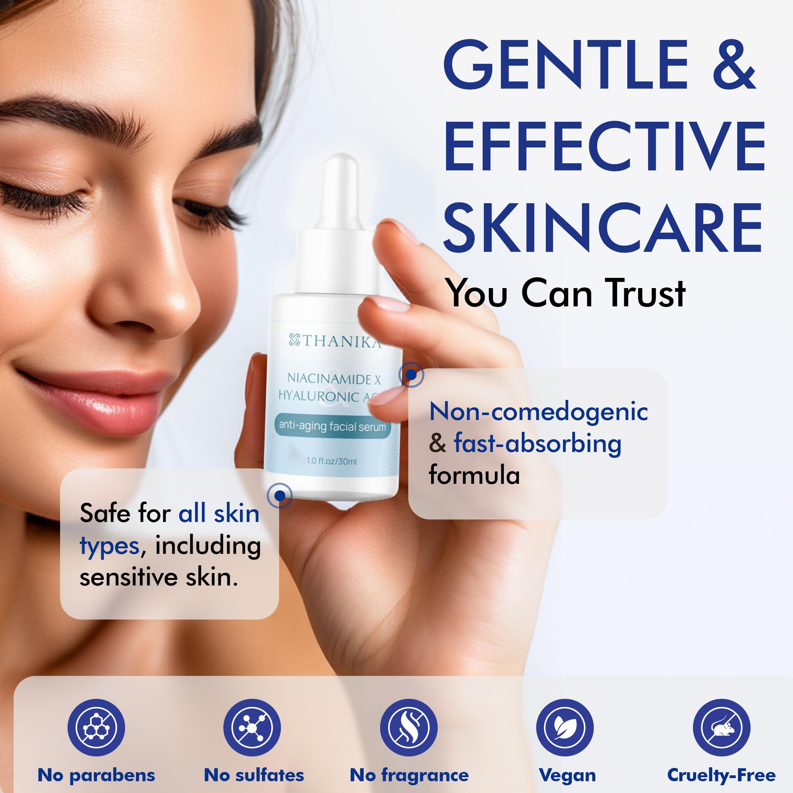 THANIKA 10% Niacinamide Serum with Hyaluronic Acid, Anti-Aging and Moisturizer, All Skin Type Face Serum for Women 1 fl oz.