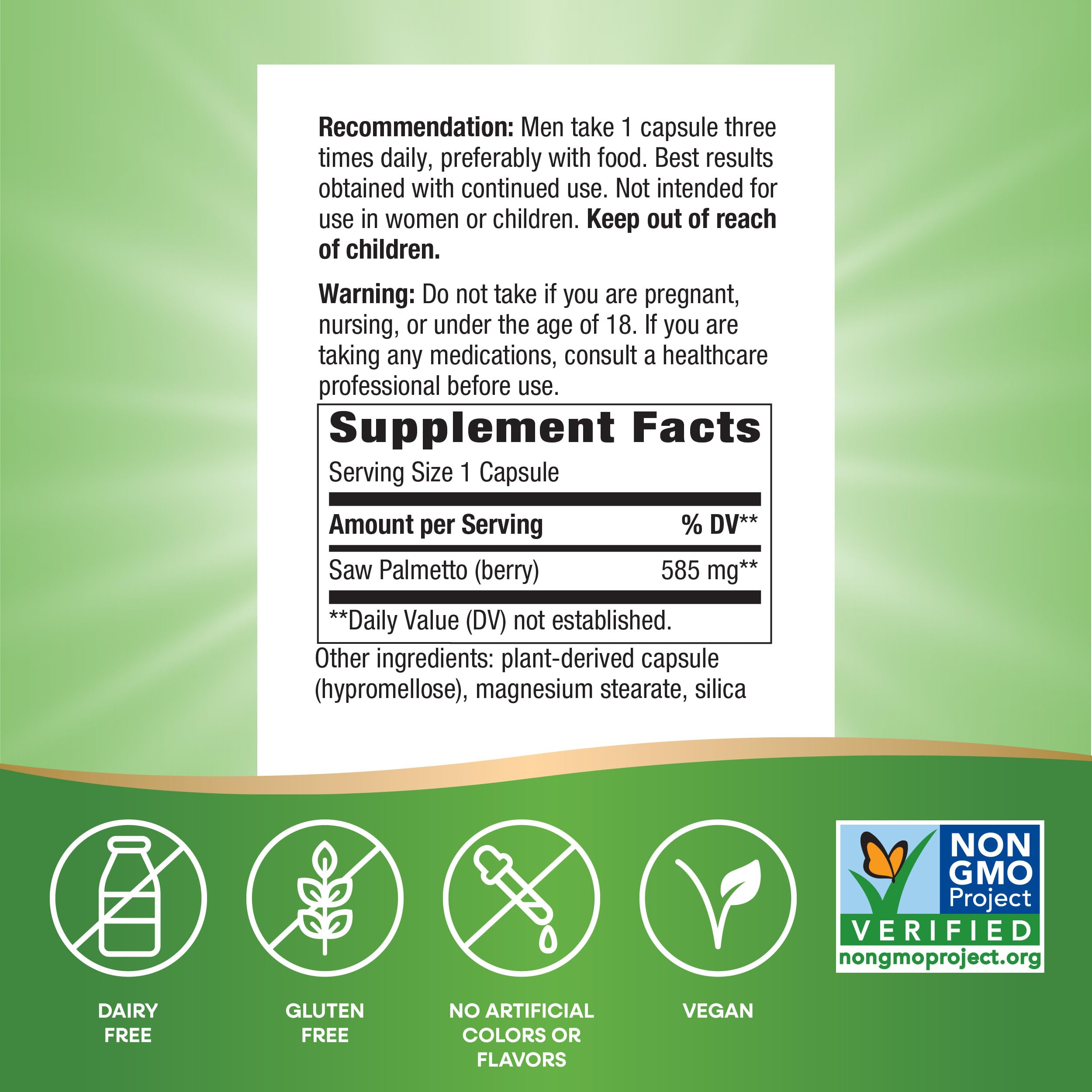 Nature's Way Saw Palmetto Berries, Traditional Prostate Support*, 585 mg per serving, Non-GMO Project Verified, Vegan, 100 Capsules (Packaging May Vary)