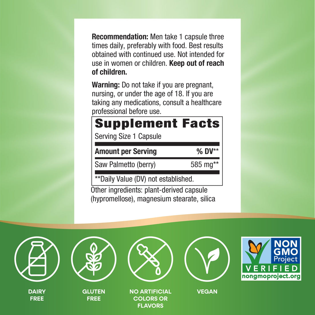 Nature's Way Saw Palmetto Berries, Traditional Prostate Support*, 585 mg per serving, Non-GMO Project Verified, Vegan, 100 Capsules (Packaging May Vary)