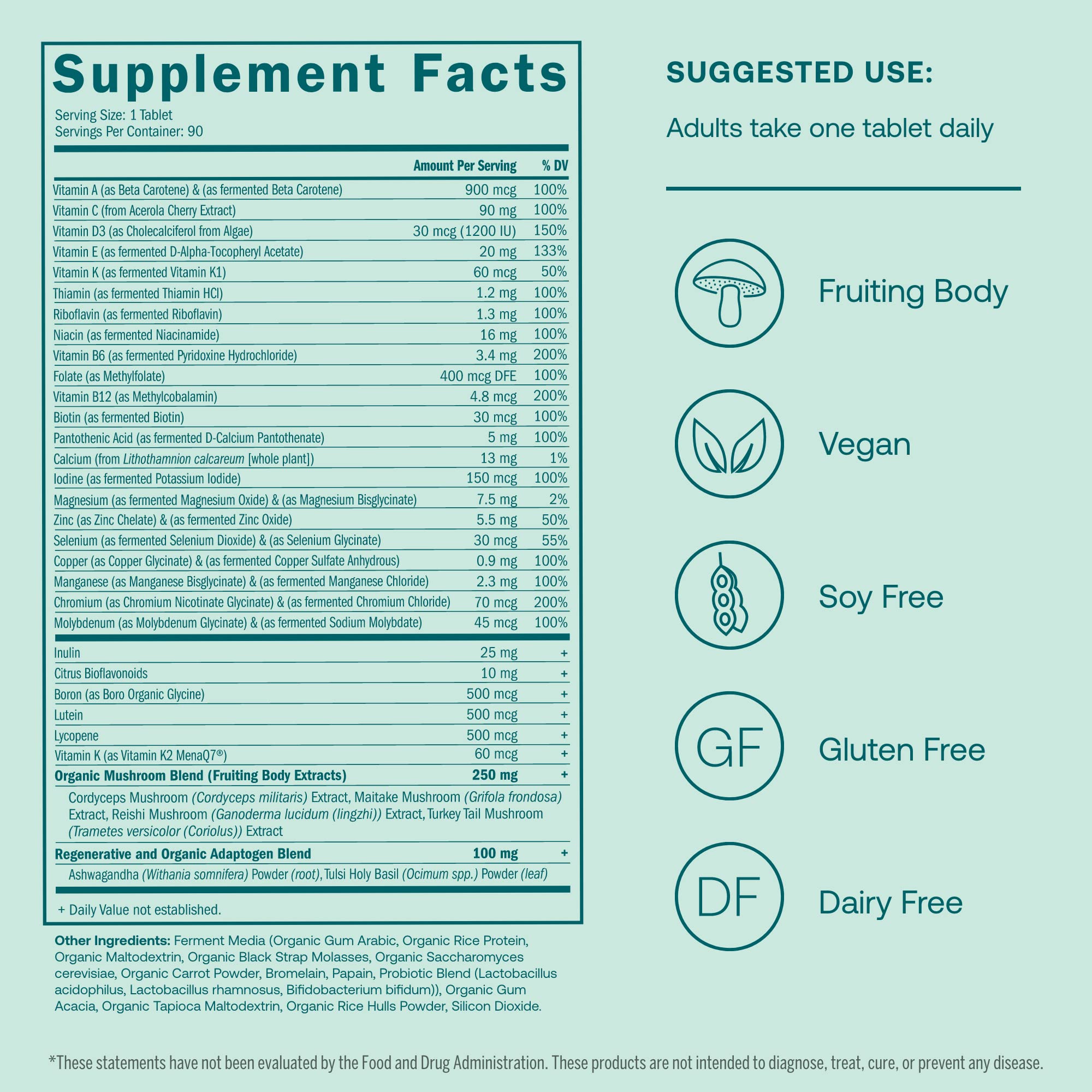 True Grace One Daily Men’s Multivitamin Fermented Minerals, Organic Adaptogens & Mushrooms Whole Body Balance Immune, Endurance, Bone & Heart Support - Non-GMO, Gluten Free - 90 Vegan Tablets