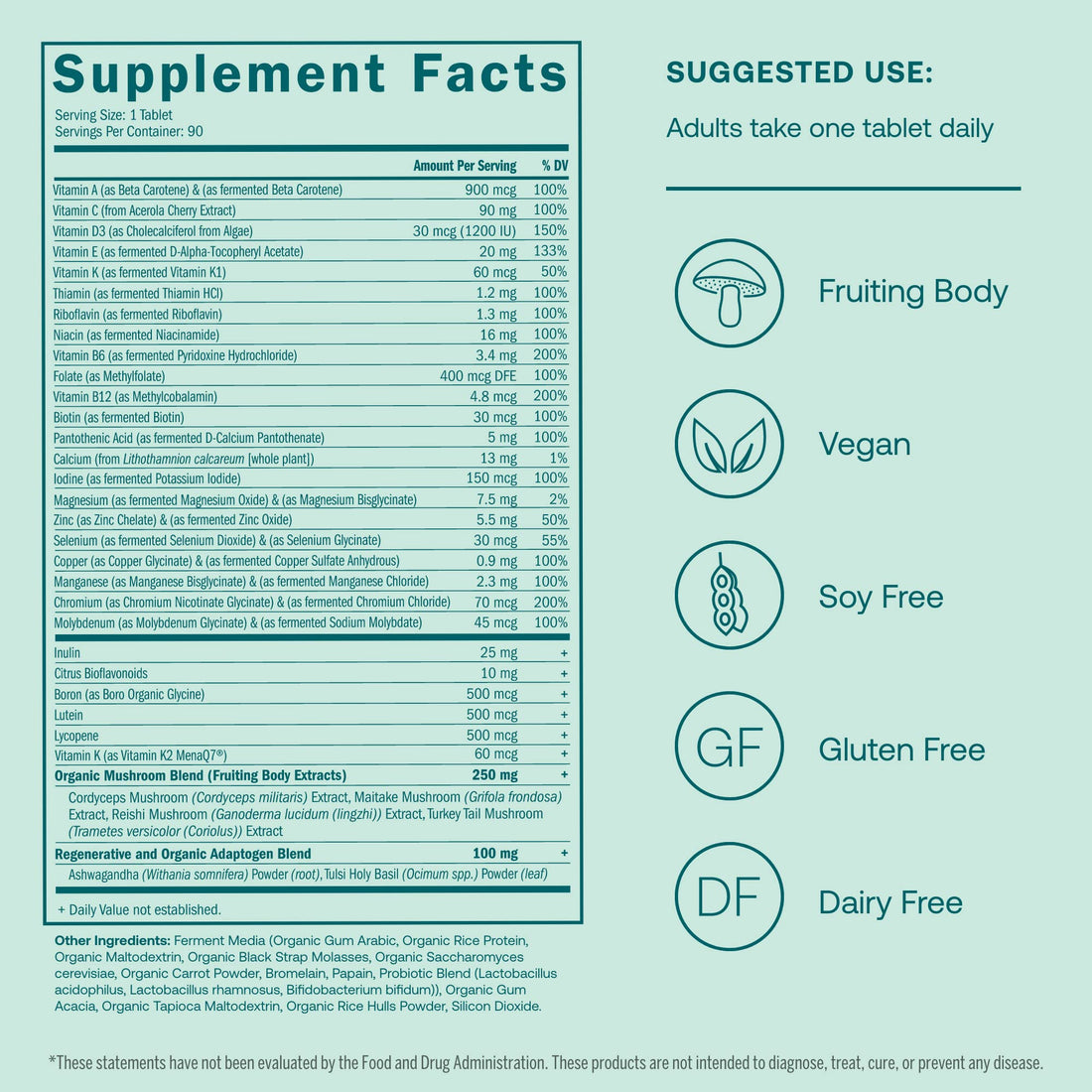 True Grace One Daily Men’s Multivitamin Fermented Minerals, Organic Adaptogens & Mushrooms Whole Body Balance Immune, Endurance, Bone & Heart Support - Non-GMO, Gluten Free - 90 Vegan Tablets