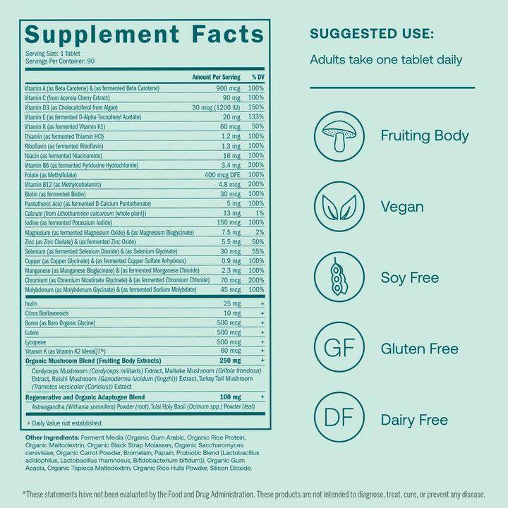 True Grace One Daily Men’s Multivitamin Fermented Minerals, Organic Adaptogens & Mushrooms Whole Body Balance Immune, Endurance, Bone & Heart Support - Non-GMO, Gluten Free - 90 Vegan Tablets