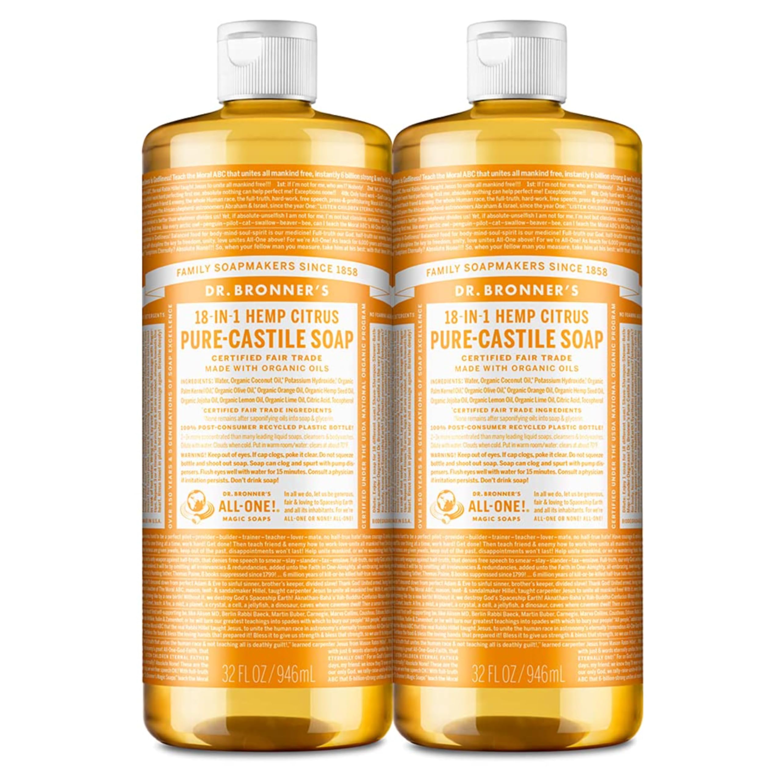 Dr. Bronner's - Pure-Castile Liquid Soap (Citrus, 32 ounce, 2-Pack) - Made with Organic Oils, 18-in-1 Uses: Face, Body, Hair, Laundry, Pets and Dishes, Concentrated, Vegan, Non-GMO