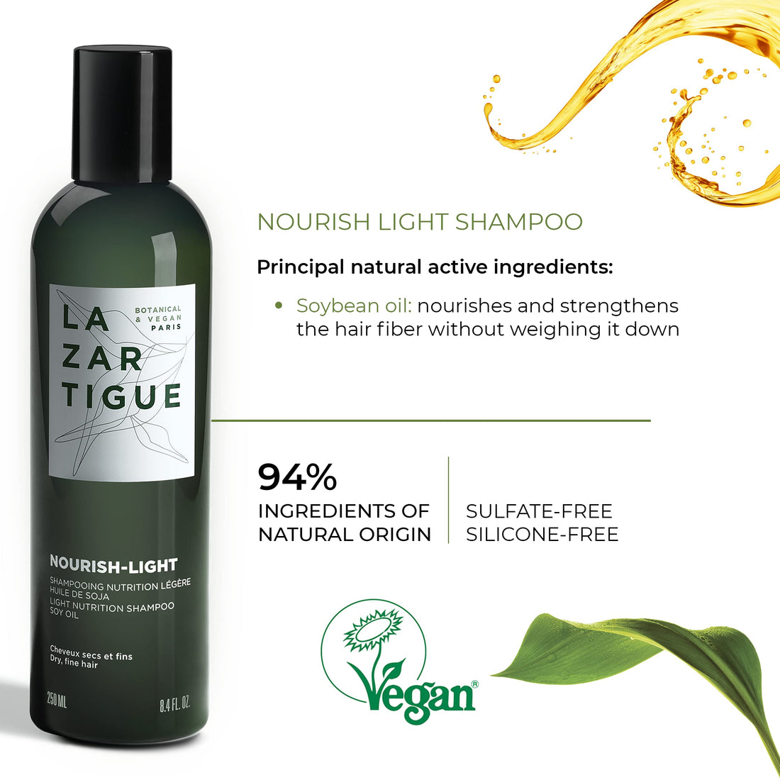 Lazartigue Nourish Light Shampoo, Soy Oil Enriched, Lightweight Nourishment for Dry, Fine Hair, Vegan, Sulfate & Silicone Free, 8.4 fl.oz.
