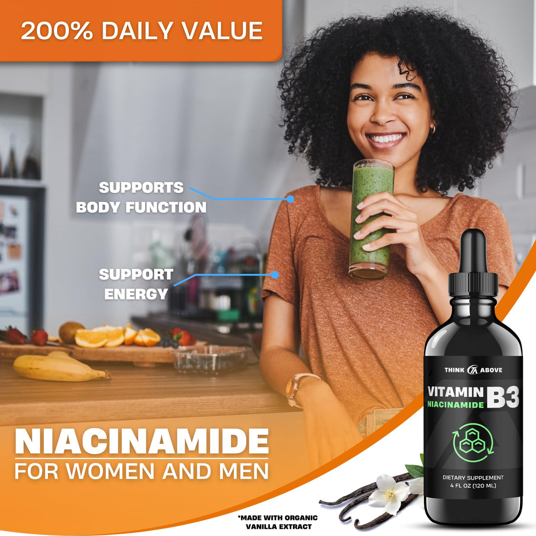 Think Above Liquid Vitamin B3 (as Niacinamide) Supplement - Non Flush Form of Niacin - Fast Absorption -Convenient Niacin Drops for Women and Men - 4 oz (120ml)