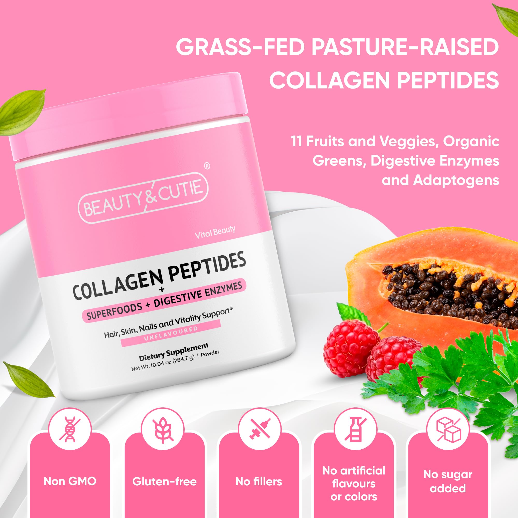 BEAUTY AND CUTIE Collagen Peptides with Superfoods and Digestive Enzymes, Powder, Grass Fed, Pasture Raised, for Hair, Skin, Nails, and Immune System Support, Unflavored, Gluten Free,10.04 oz