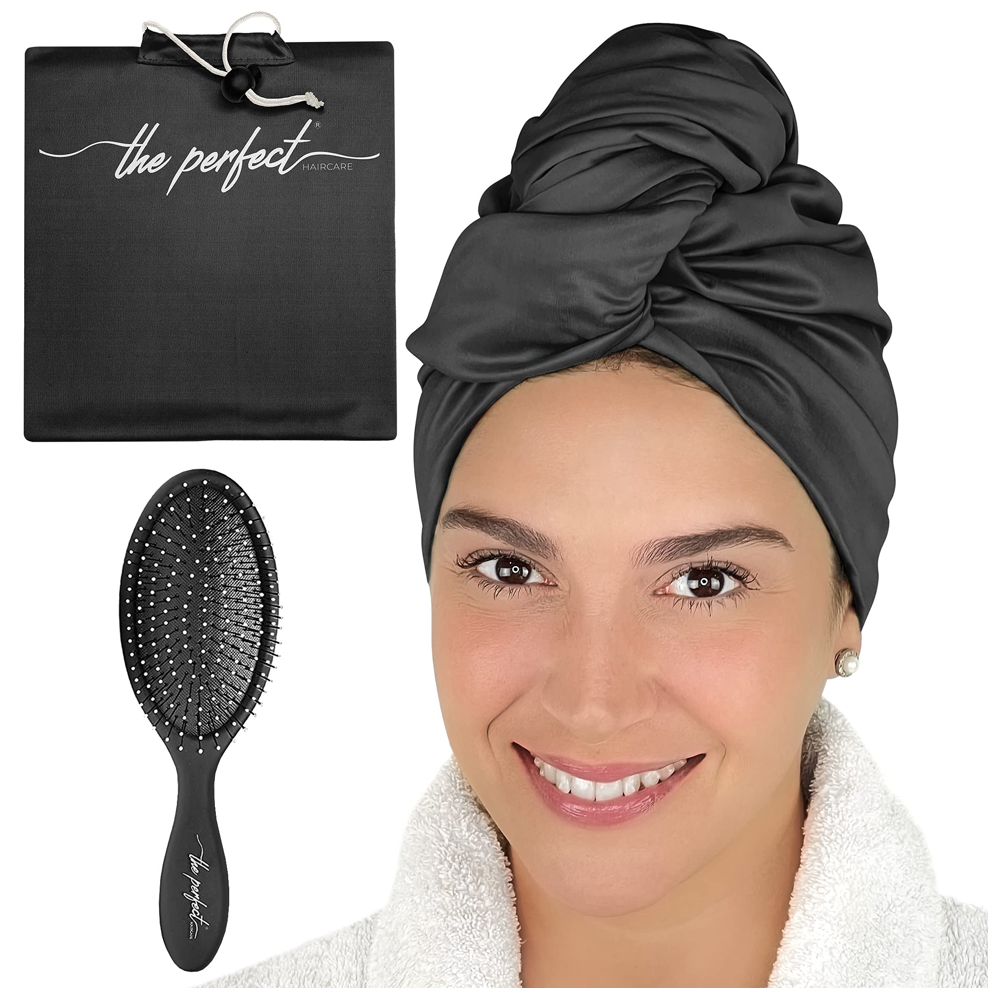 anti-frizz microfiber hair towel - never falls off - dries hair fast - free wet/dry brush