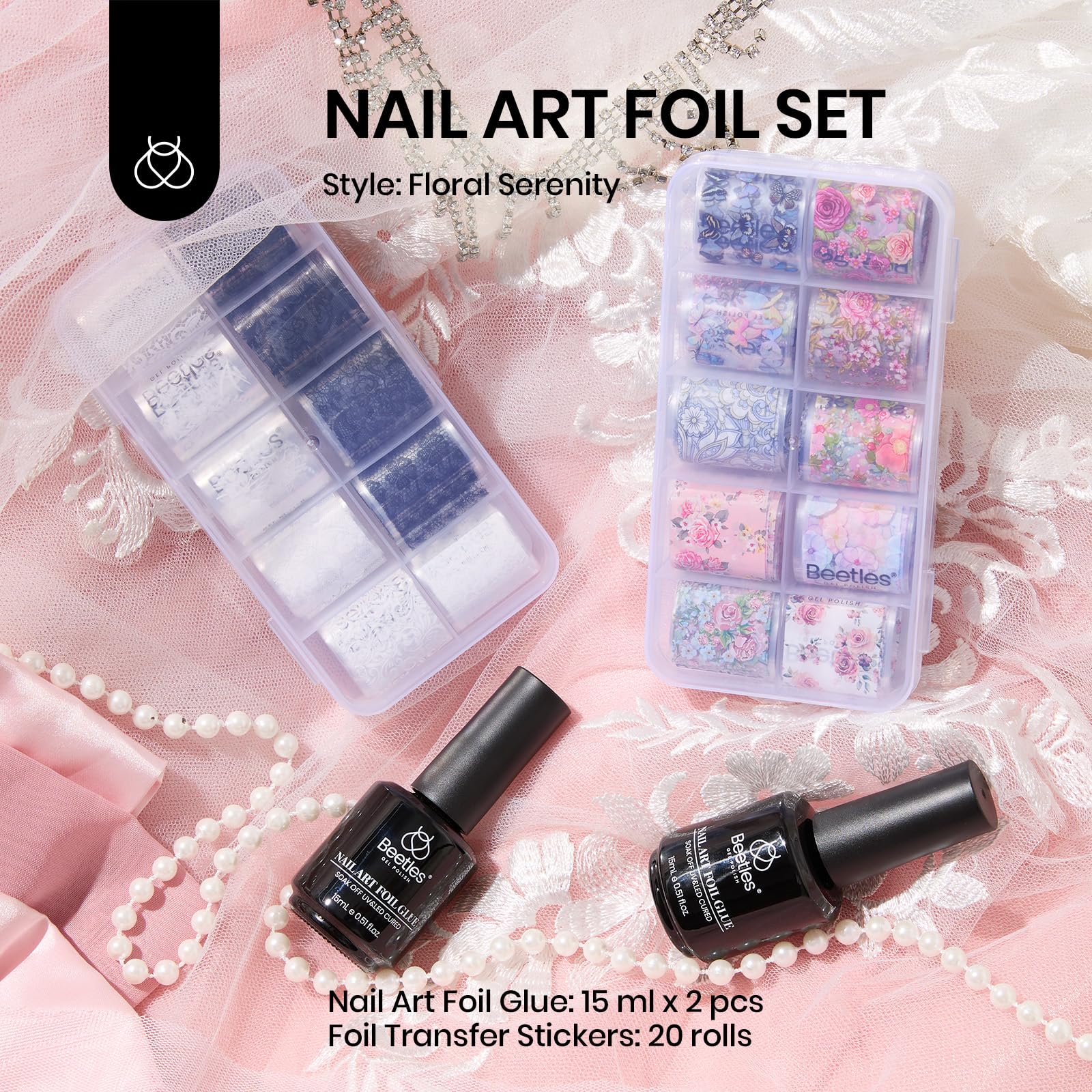 Beetles Nail Foil Glue Gel 2Pcs 15ml with 20 Pcs Lace Flower Butterfly Stickers Transfer White Black Lace Nail Foil Set, LED Lamp Soak Off DIY Manicure Gifts for Women