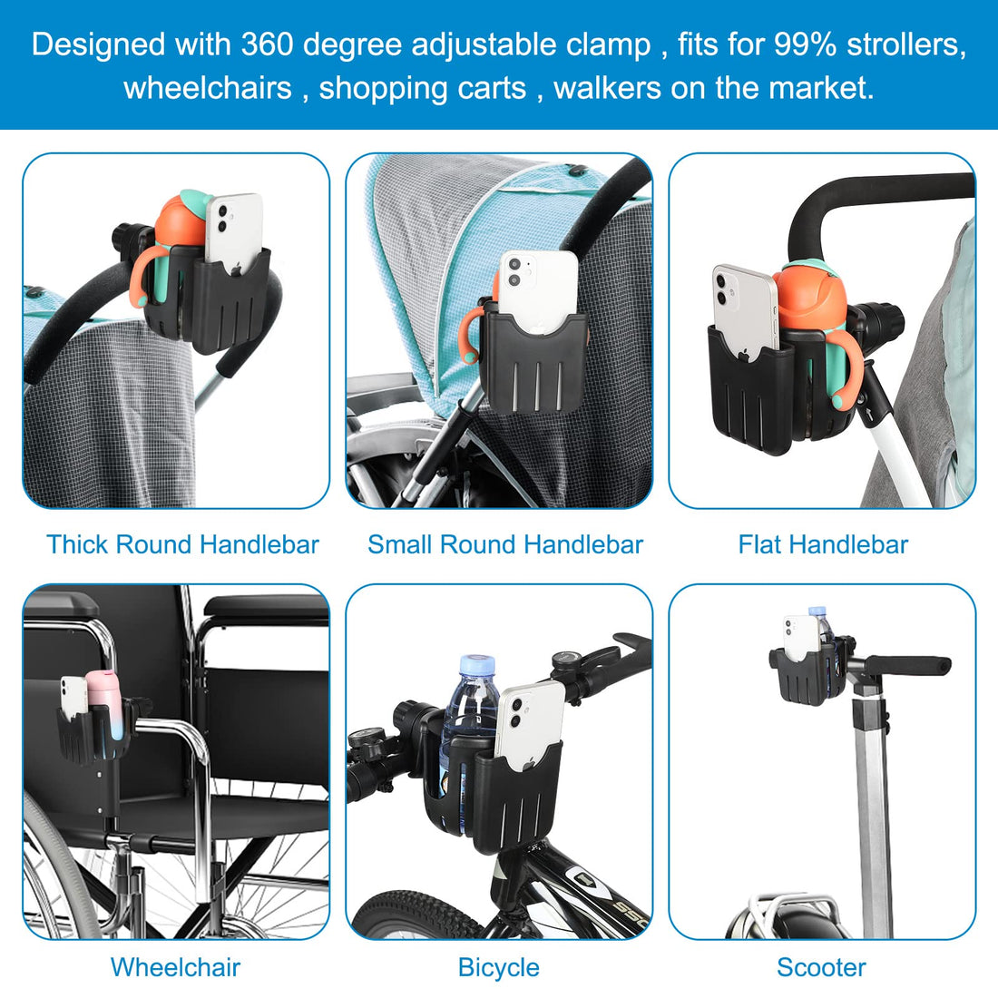 Accmor Stroller Cup Holder with Phone Holder, Bike Cup Holder, 2-in-1 Universal Cup Phone Drinks Holder for Stroller Walker Wheelchair, Black Yellow