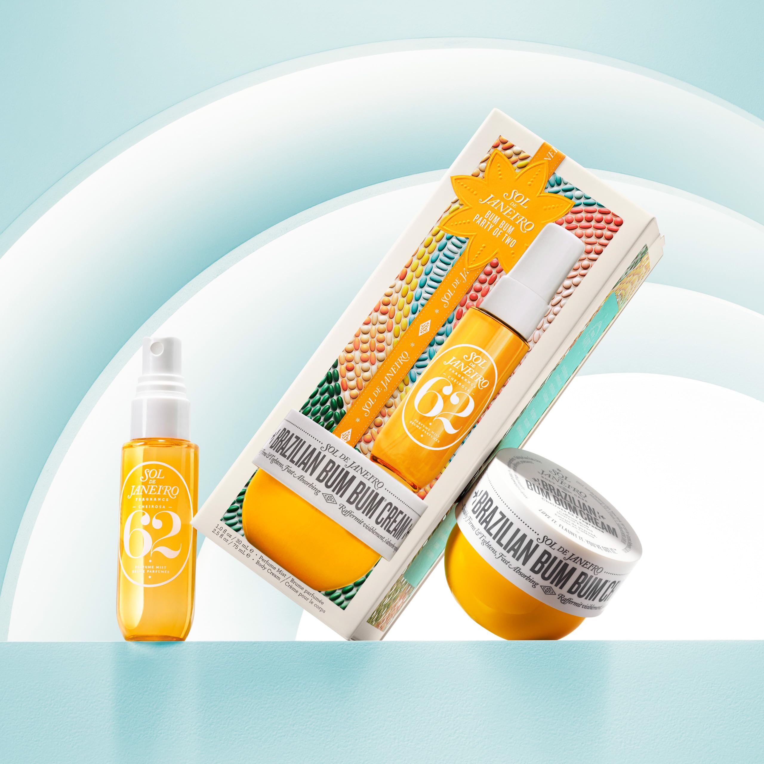 Sol de Janeiro Bum Bum Party of Two Beauty Gift Set | Brazilian Bum Bum Cream 2.5 fl oz & Cheirosa 62 Perfume Mist 1 fl oz | Beauty Minis | Limited Edition | Travel Size Trial Set