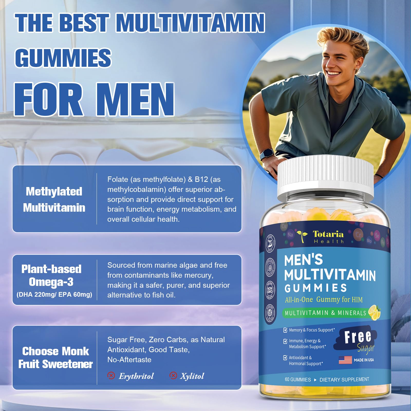 Totaria Sugar Free Multivitamin Gummies for Men w/Vegan Omega 3, Vitamin A, B, C, E, D3, K, Methylfolate, Biotin, Zinc, Mens Daily Vitamins & Minerals, for Immunity, Energy, Lemon Flavor, 60 Counts