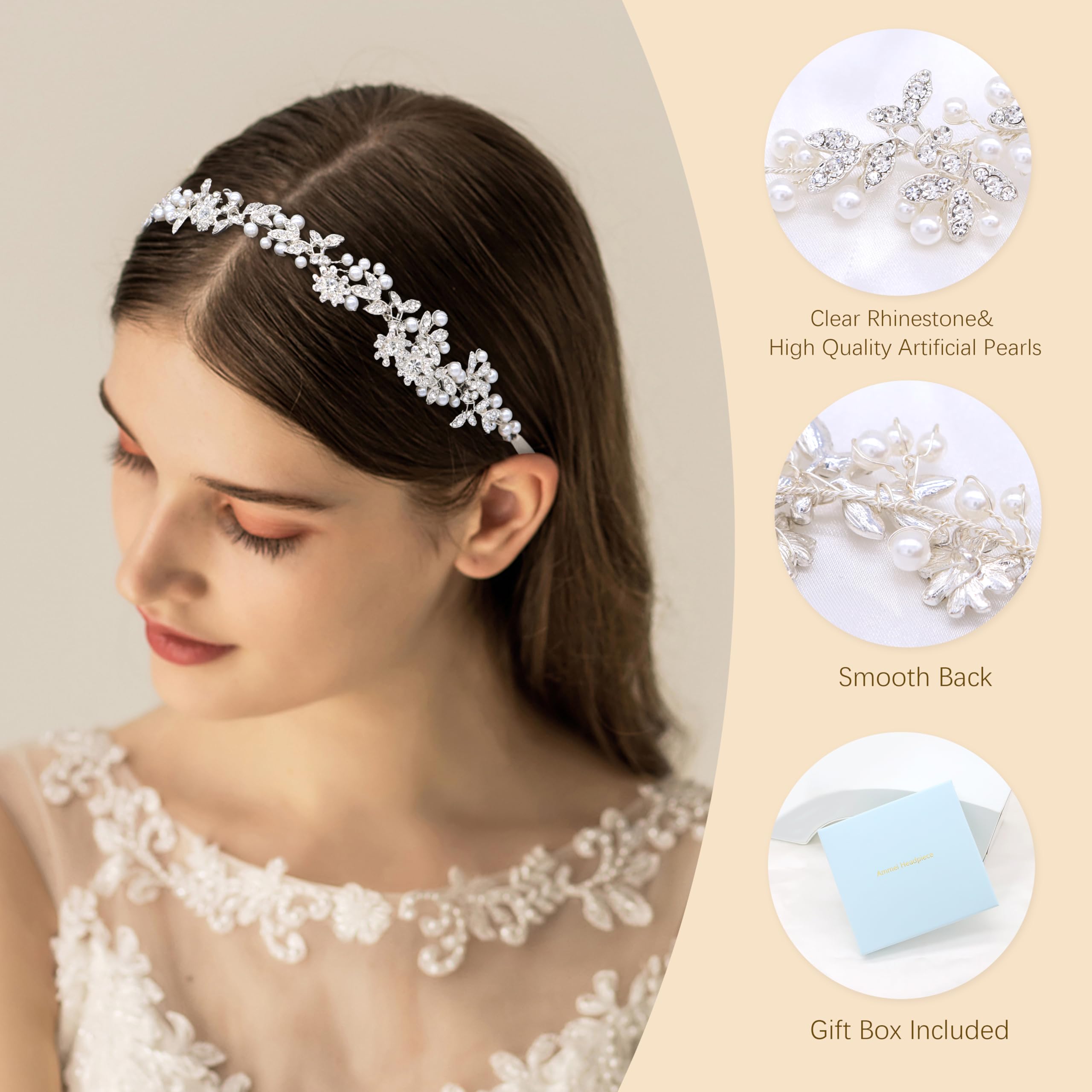 Ammei Silver Vintage Bridal Crystal Headbands Wedding Headpieces Hair Pieces For Bride Bridesmaids Flower Girl Prom Hair Accessories With Ivory Ribbons Hair Vines