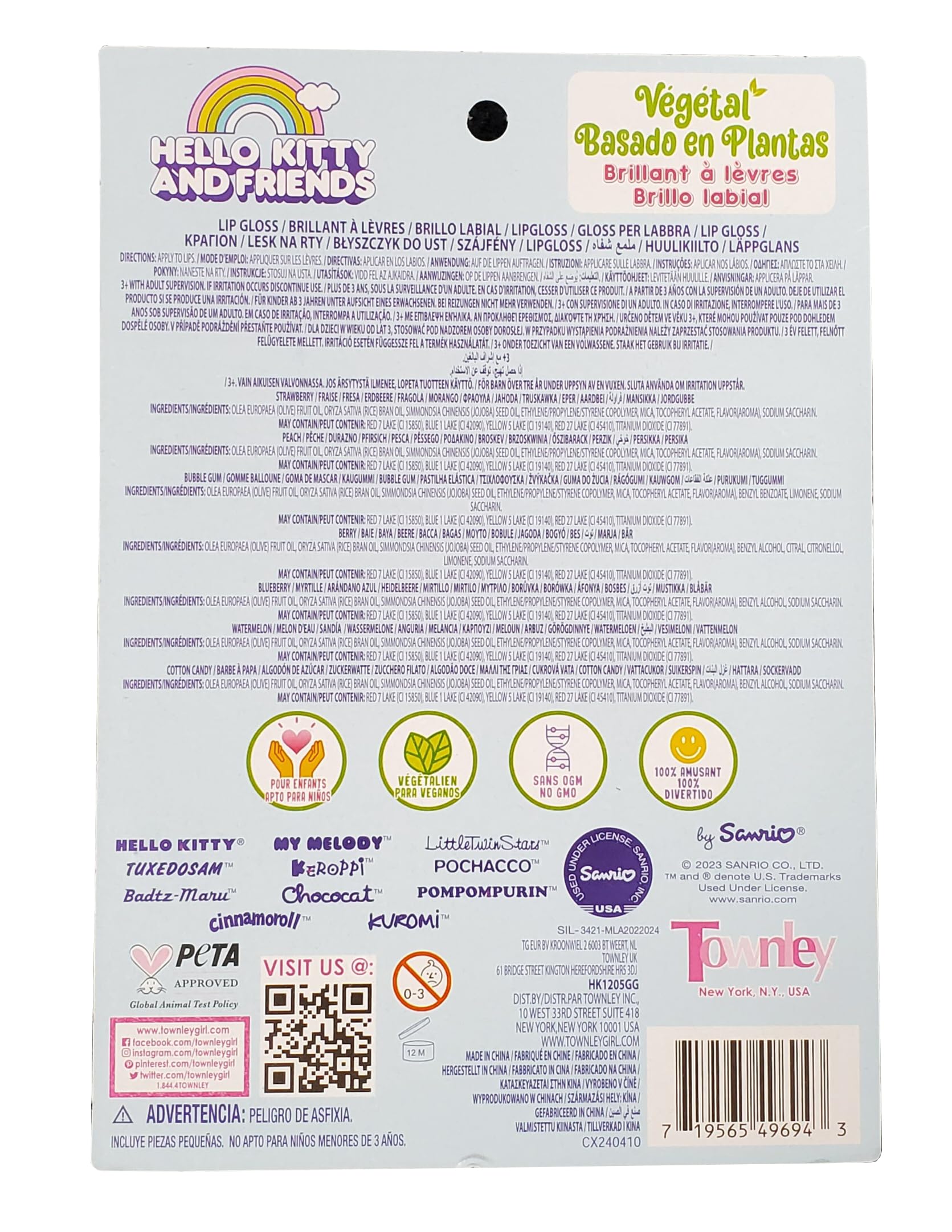 SANRIO Hello Kitty Lip Gloss Hello Kitty & Friends Lip Gloss, Plant Based Multi-Flavored, 7 Lip Glosses