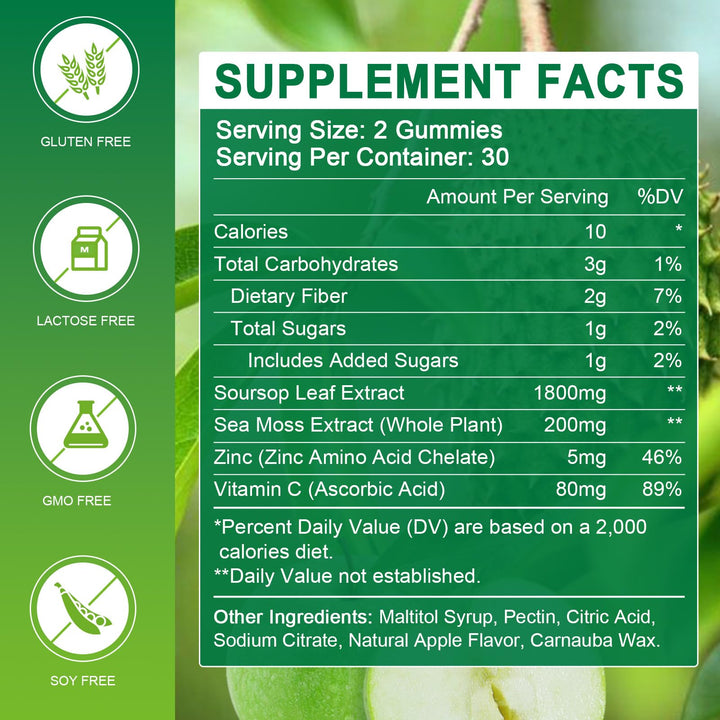 WOGORGT Soursop Graviola Gummies - Soursop Multivitamin Gummies with 200mg Sea Moss Extract for Antioxidant, Cell Support & Regeneration, Immune Support, Vegan, Apple Flavor - 60 Gummies