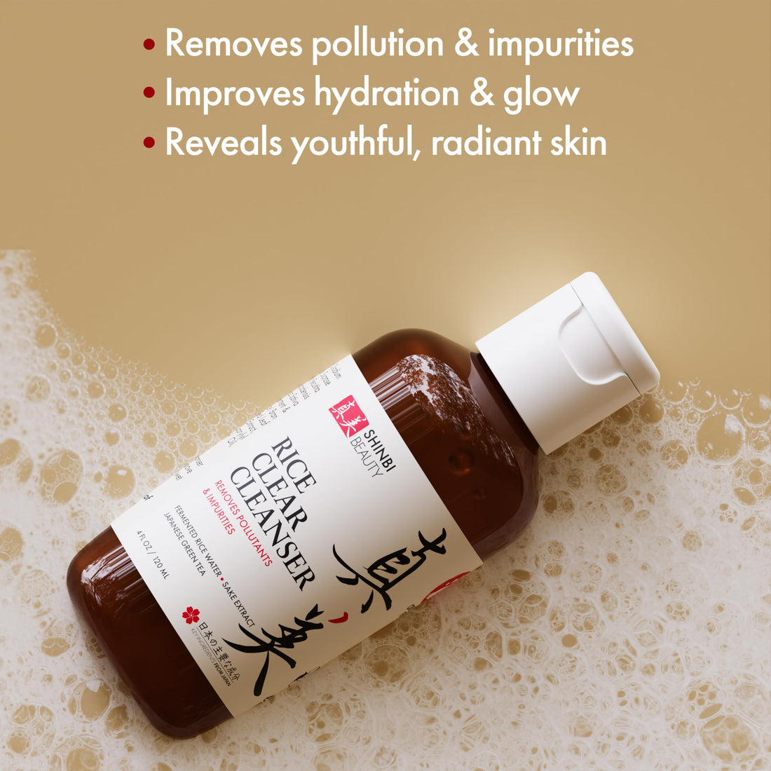 Shinbi Beauty Japanese Face Wash Skincare Products - Japanese Rice Water Green Tea Cleanser - 99% Naturally Derived Japanese Beauty 4oz
