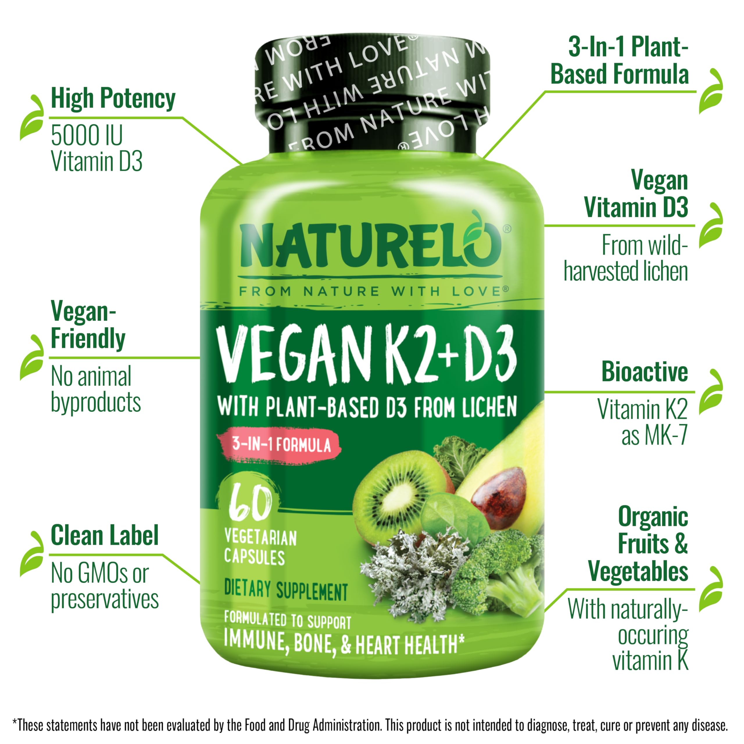 NATURELO Vitamin D3 K2 - Vegan K2+D3 with Plant Based D3 from Lichen - Natural D3 Supplement for Immune System, Bone Support, Heart Health - Whole Food - Non-GMO - Gluten Free, 60 Capsules