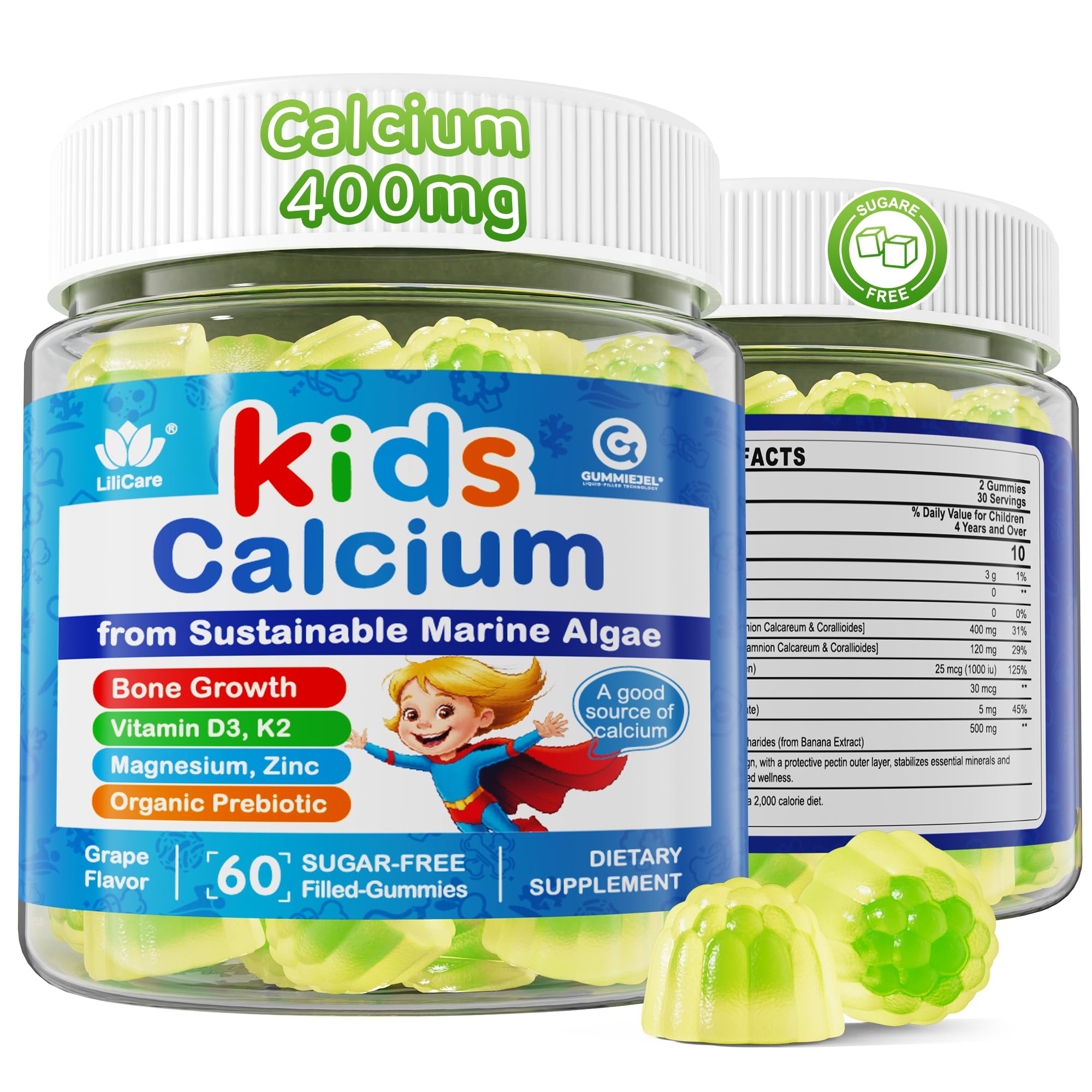 Sugar Free Kids Calcium Gummies with Prebiotics (FOS) 500mg, High Absorption Vegan Algae Calcium for Bone Growth, Kids Vitamin Gummies for Healthy Development with D3 K2, Grape Flavor, Non-GMO, 60 Cts