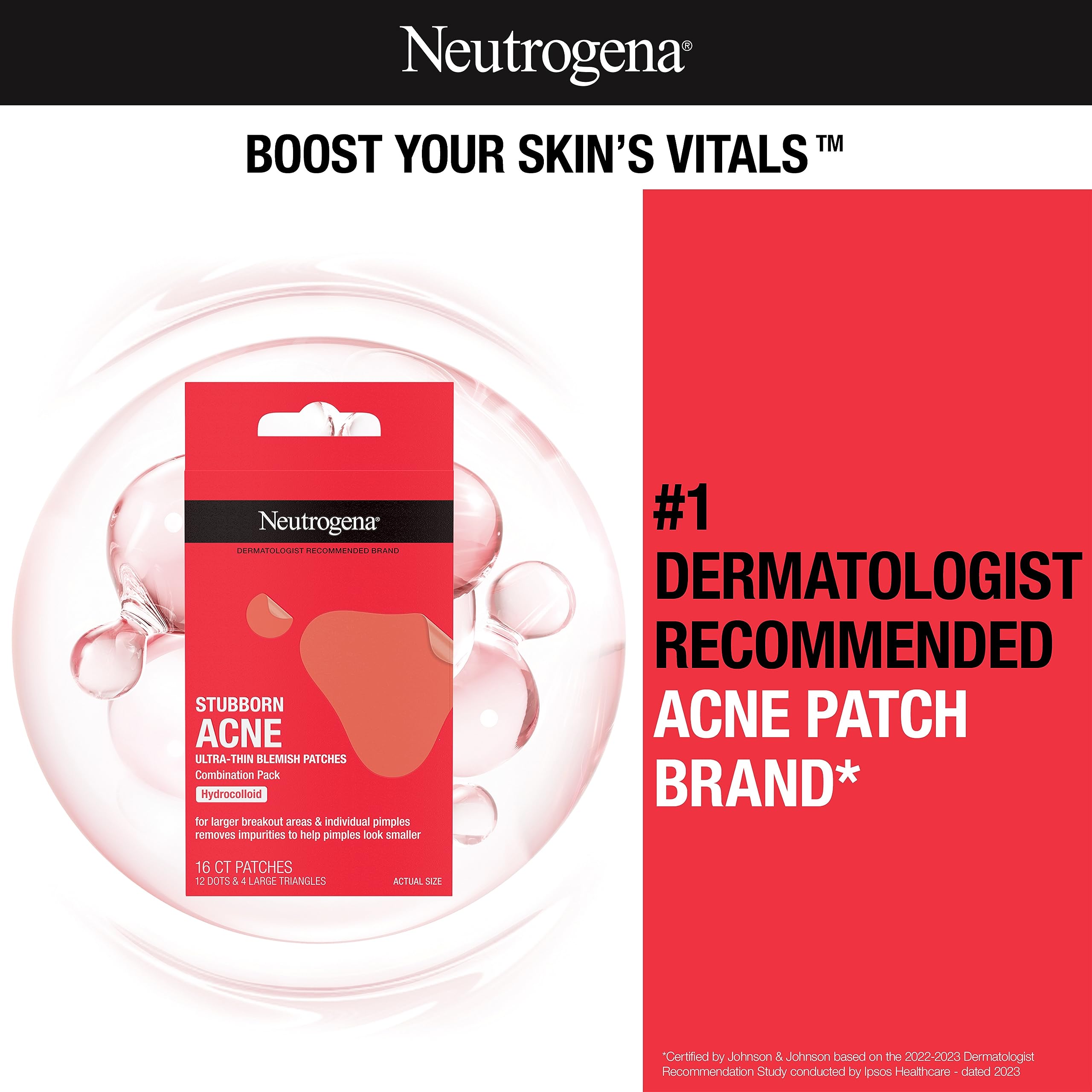 Neutrogena Stubborn Acne Blemish Patches Combination Pack, Ultra-Thin Hydrocolloid Acne Patch Absorbs Fluids & Removes Impurities To Help Pimples Look Smaller, 2 Sizes, 16 Patches