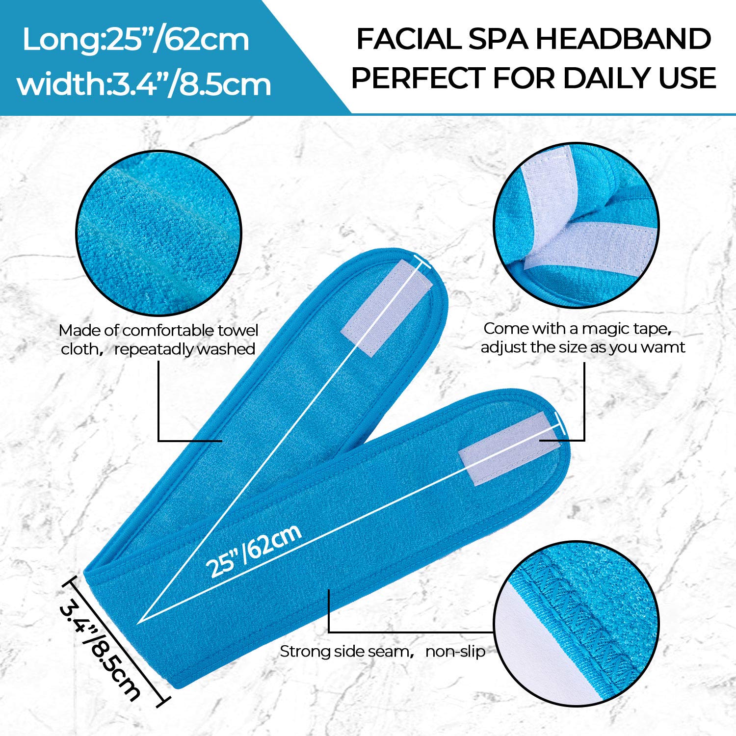 Whaline Spa Facial Headband Make Up Wrap Head Terry Cloth Headband Adjustable Towel for Face Washing, Shower, 3 Pieces (Blue, Green, Yellow)
