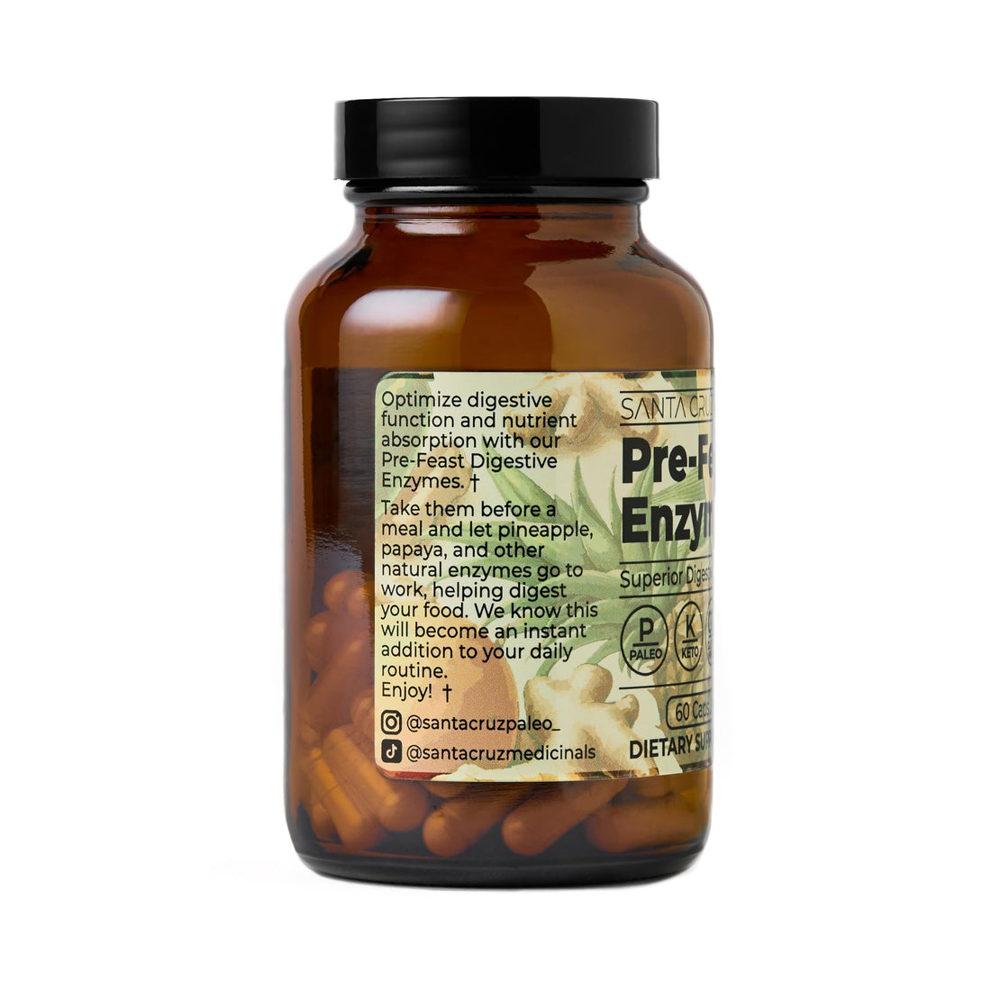 Santa Cruz Paleo Pre-Feast Digestive Enzymes for Women and Men, Fiber Supplement for Gut Health & Digestive Health, Gluten Free, Keto, Sugar Free, Paleo, with Bromelain, Ginger Root, 60 Capsules