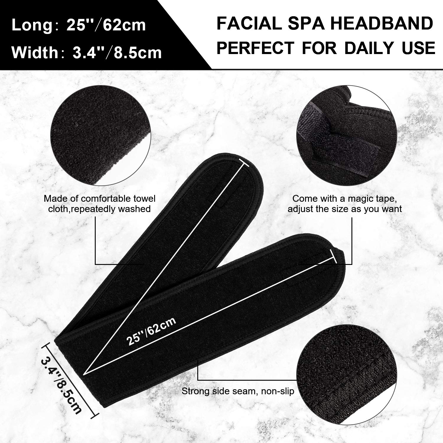 Whaline Spa Facial Headband Make Up Wrap Head Terry Cloth Headband Adjustable Towel for Face Washing, Shower, 3 Pieces (White, Black, Pink)