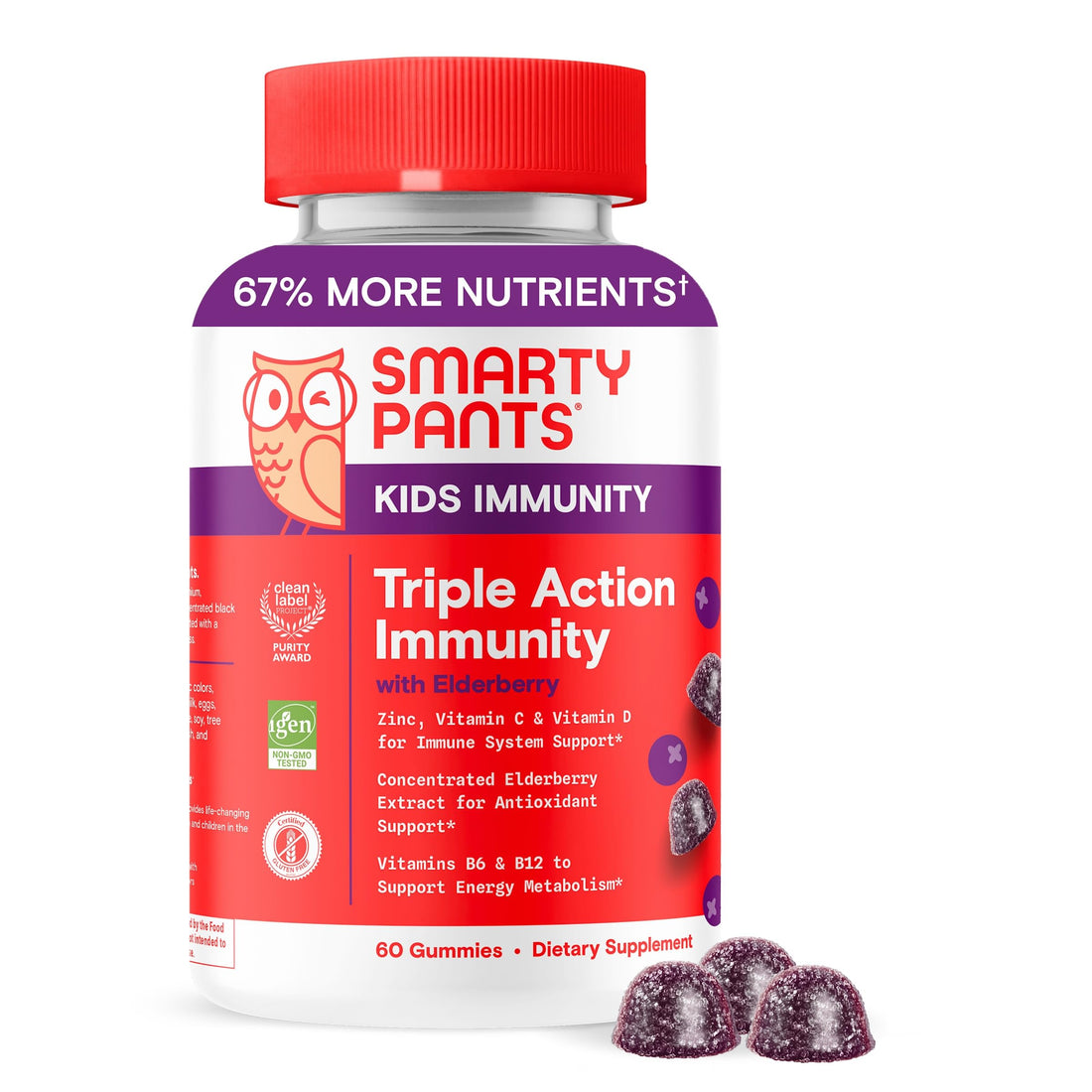 SmartyPants Kids Immunity Elderberry Gummies: Kids Immune Support Supplement, Vitamin C, Vitamin D, Vitamins B6 & B12 and Zinc, Gluten Free, Elderberry Flavor, 60 Count (30 Day Supply)