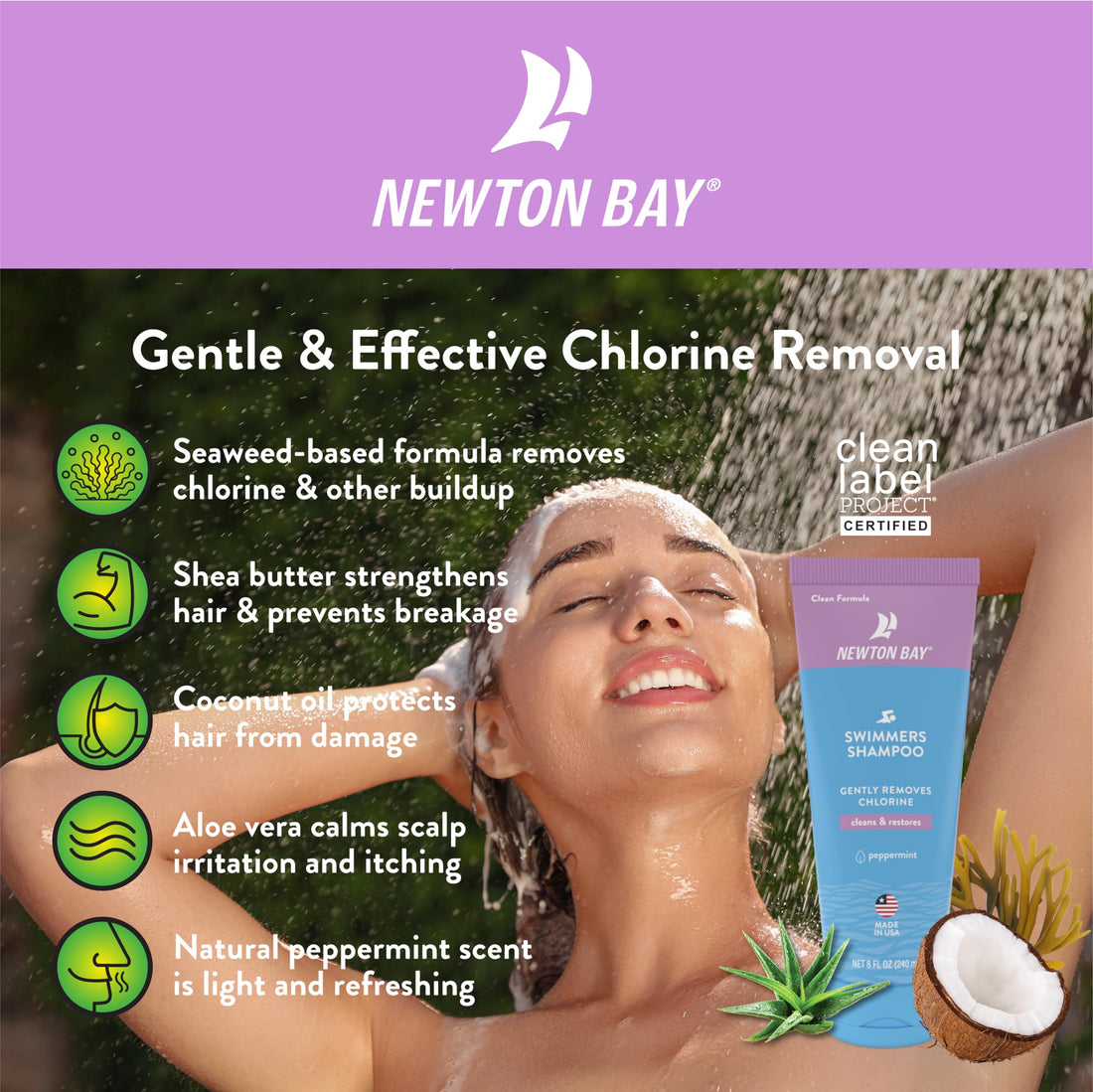 Newton Bay Swimmers Shampoo | Chlorine Removal Shampoo Cleans and Restores Hair after Swimming | Clean Label Project Certified | 8 oz. tube