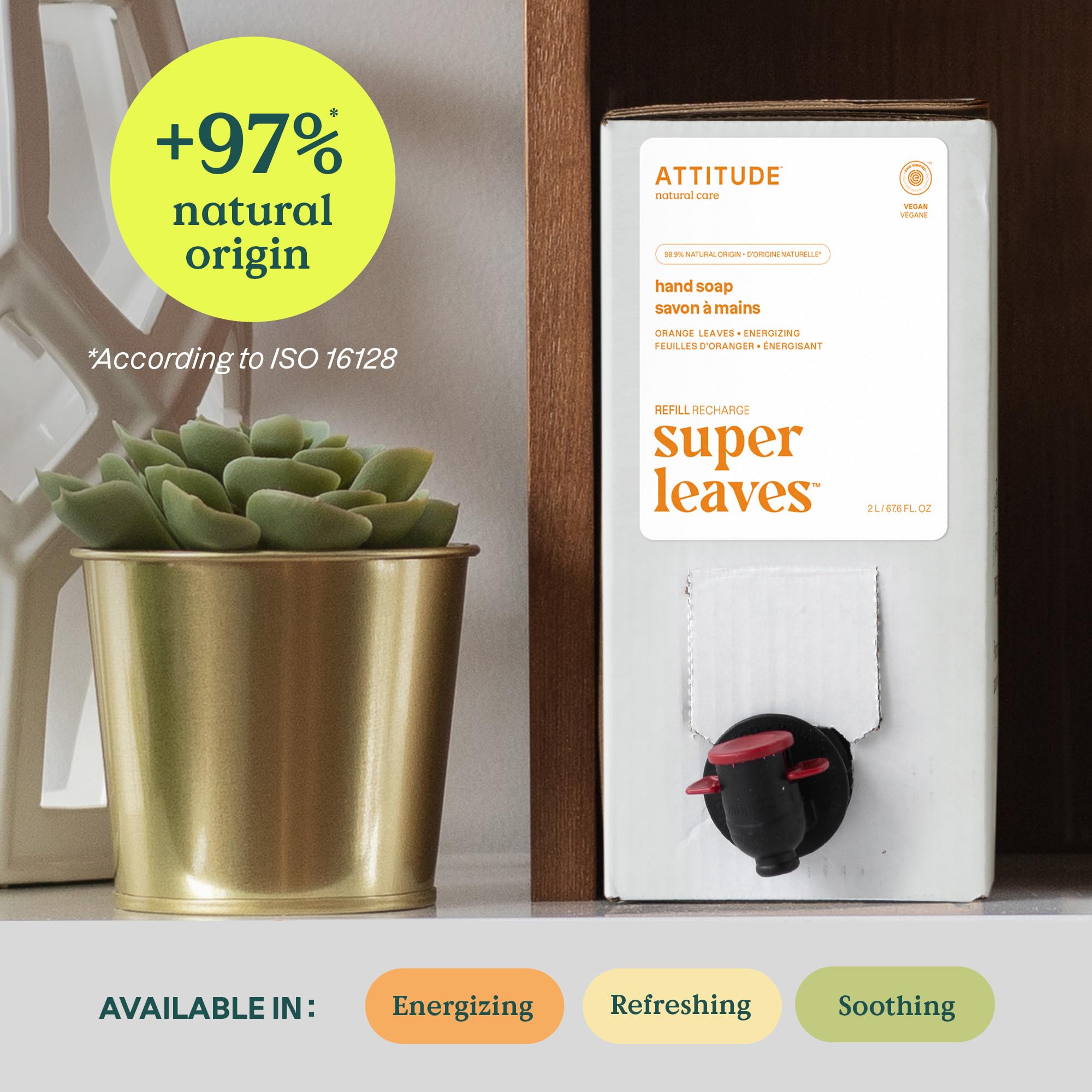 ATTITUDE Hand Soap Refill, Bulk-to-Go Packaging, EWG Verified, Natural Non-Toxic Hypoallergenic & Energizing, Orange Leaves, 67.6 Fl Oz