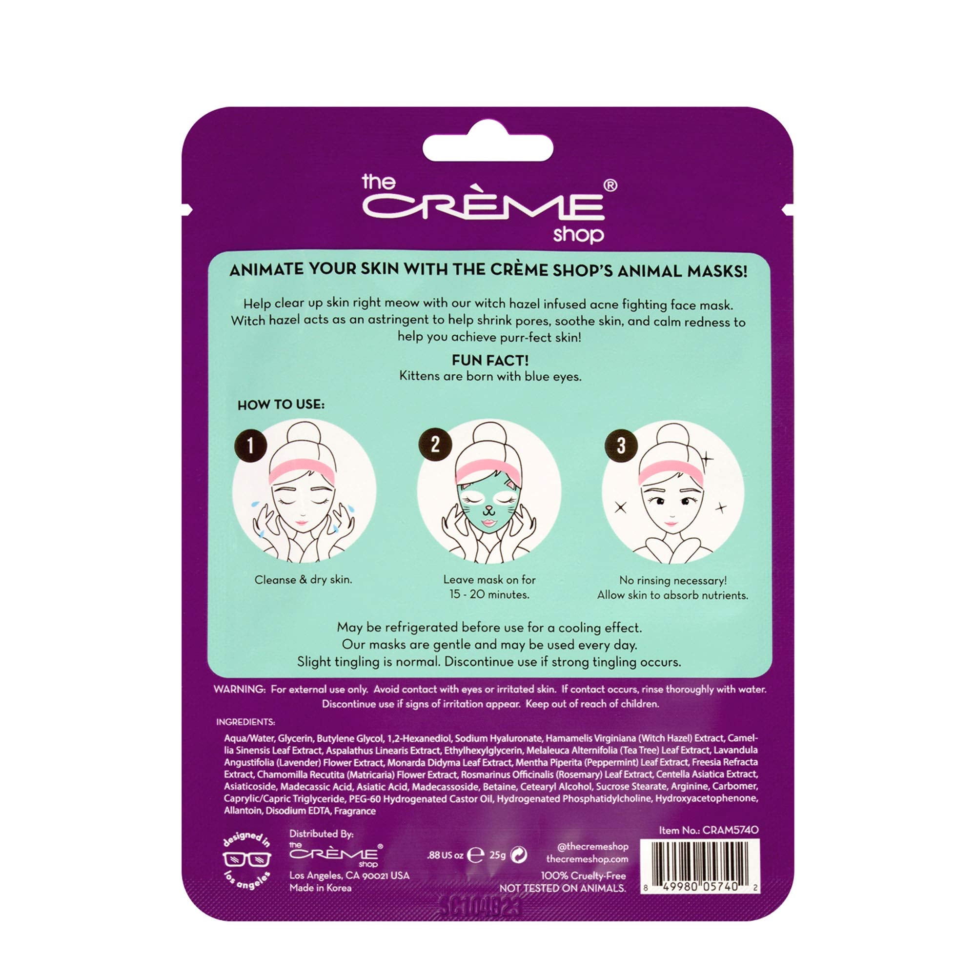The Creme Shop Animal Sheet Mask, Korean, Hydrating, Collagen, Vitamin C, Anti-Aging - Pack of 3 (Kitten)
