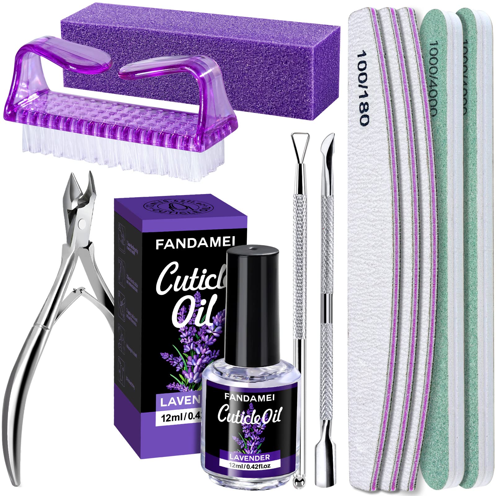 FANDAMEI Nail Files and Buffers, Nail Cuticle Remover Kit with Nail File, Nail Buffer, Nail Buffer Block, Cuticle Nipper, Cuticle Pusher, Cuticle Peeler. Nail Cuticle Oil Lavender for Nail Care