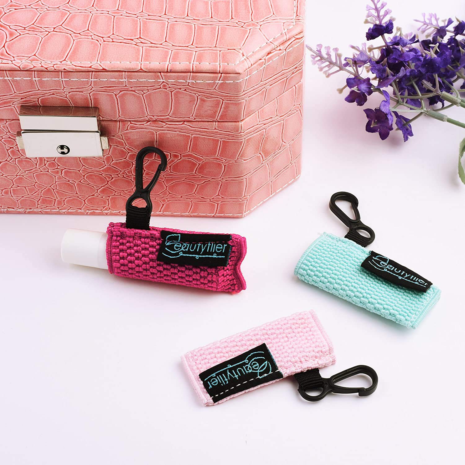 Beautyflier Clip-on Sleeve Chapstick Pouch Keychain Lipstick Holder Elastic Lip Balm Holster Travel Accessories (Black/Hot Pink/Purple/Robin Egg Blue/Pink)