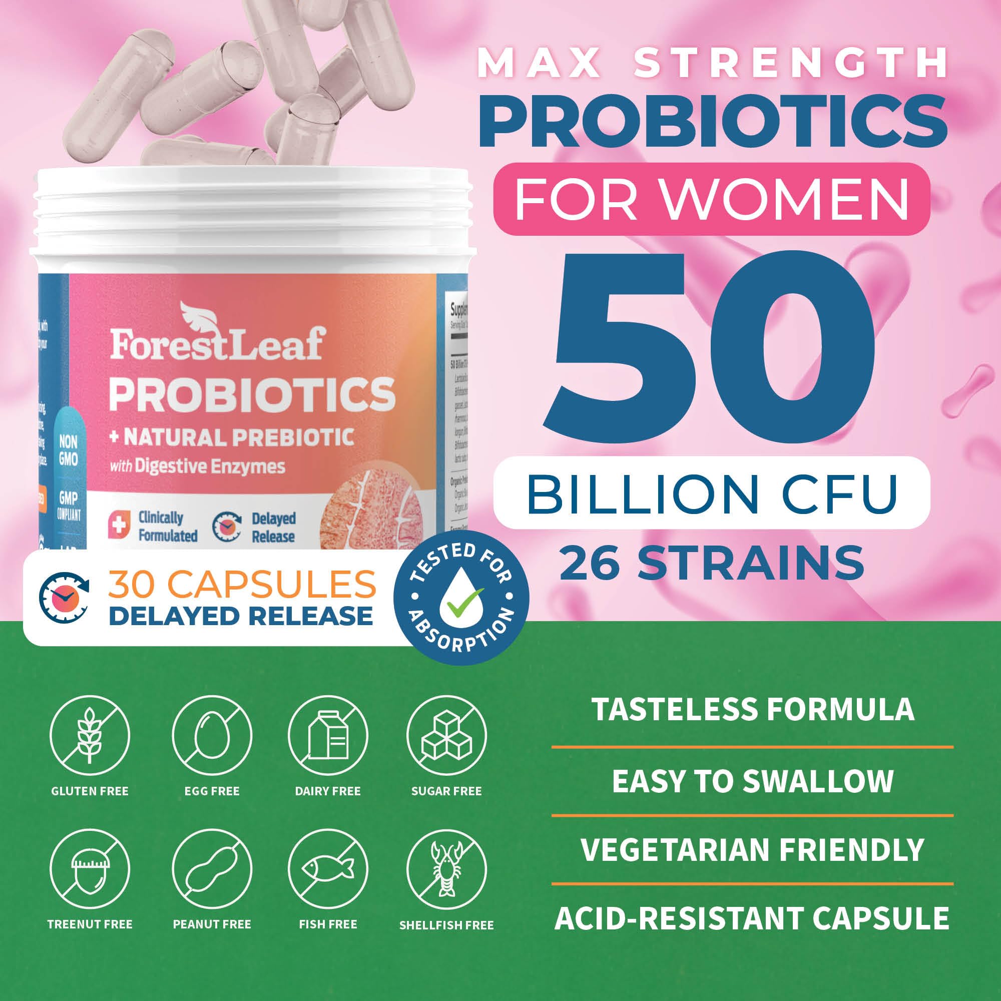 ForestLeaf Womens Probiotic 50 Billion CFU with Organic Prebiotics, Digestive Enzymes, Cranberry, D-Mannose - Prebiotics Probiotics for Women Digestive Health & Vaginal Probiotics Support, 30 Capsules