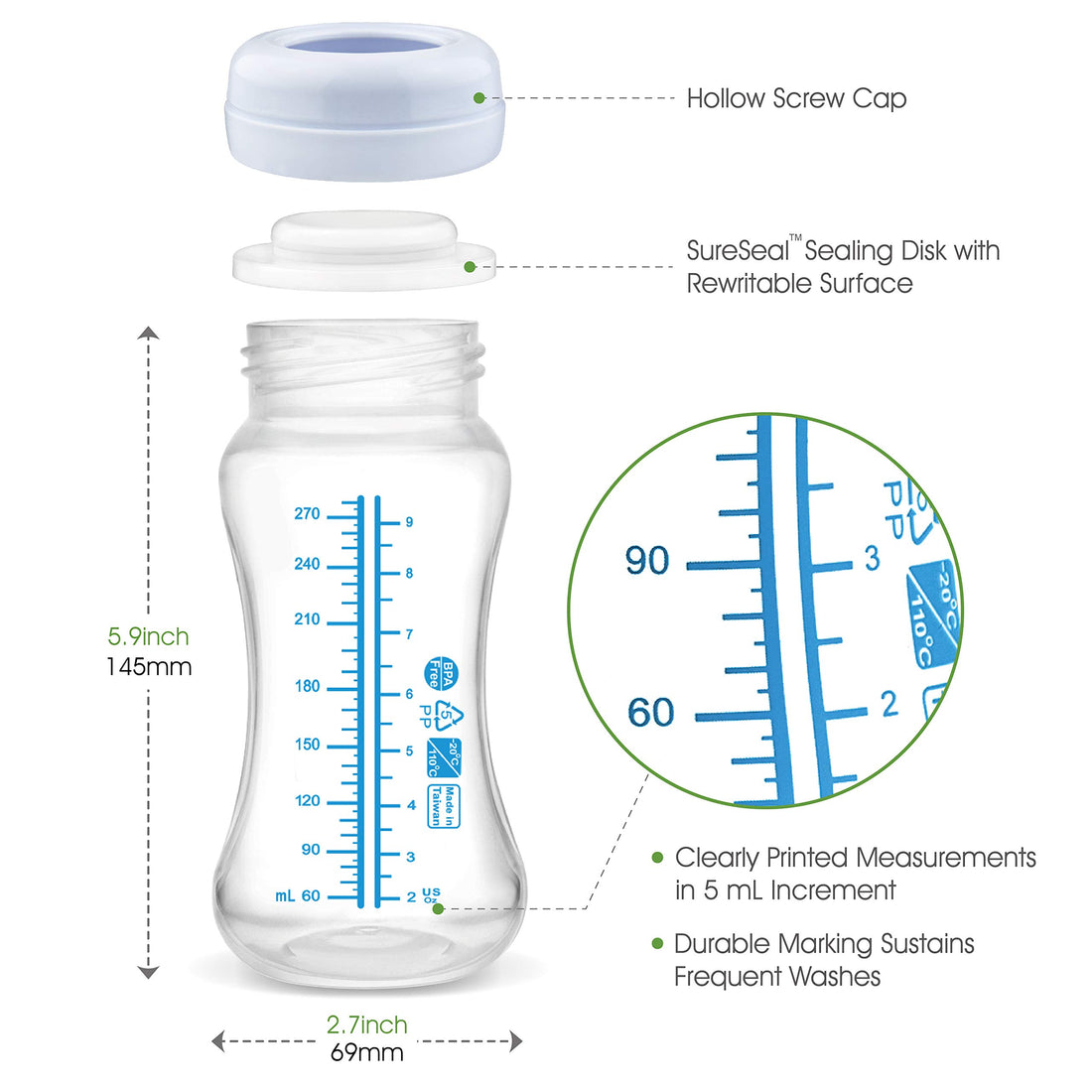 Maymom Wide Neck Breastmilk Collection and Storage Bottle 9oz; Remarkable SureSeal Disc. Compatible with Spectra S2, Spectra S1 Spectra 9+ and Avent Breast Pumps