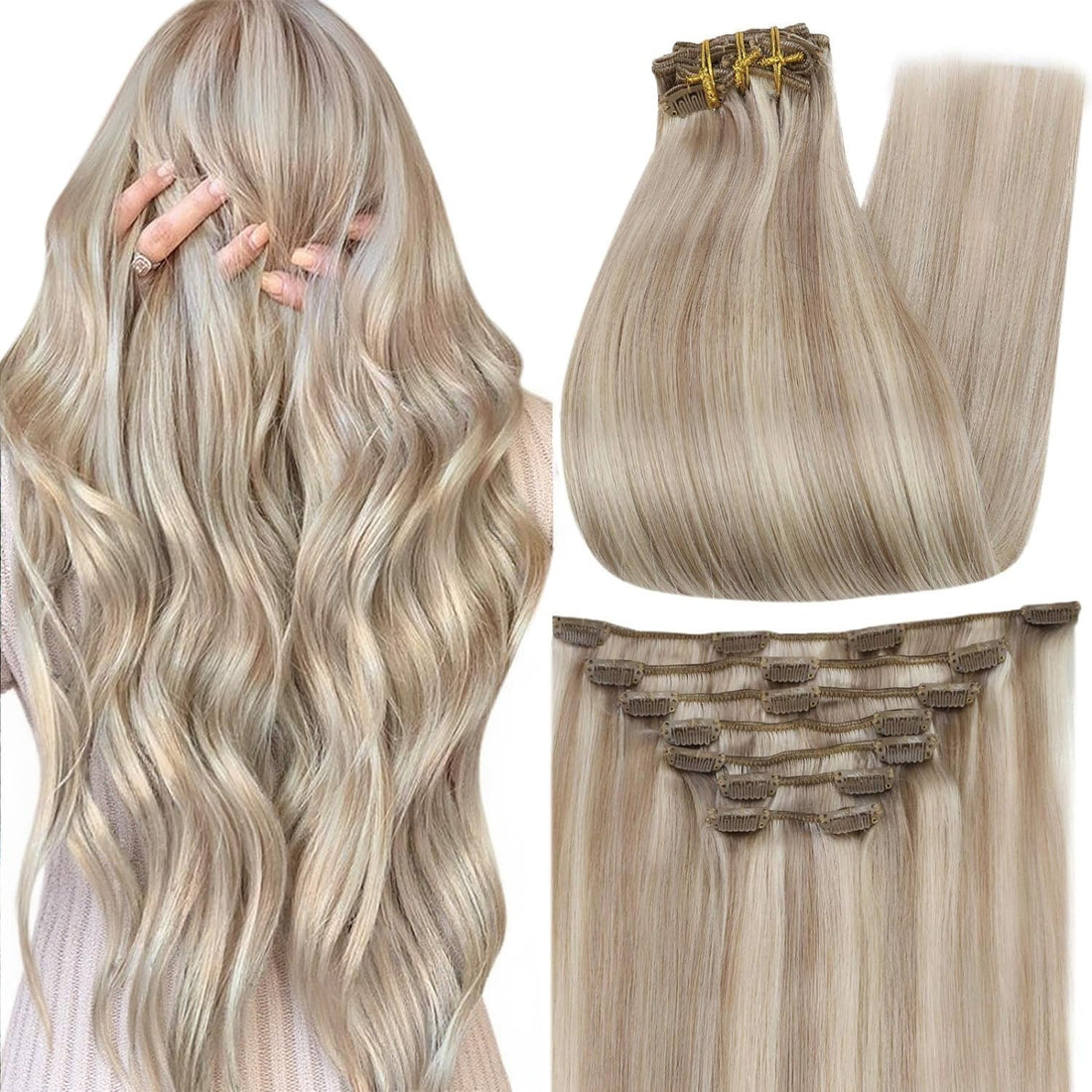 Full Shine Real Human Hair Extensions Clip ins Ash Blonde Highlighted 20 Inch Clip in Hair Extensions Real Human Hair Blonde 7 Pcs 120 G