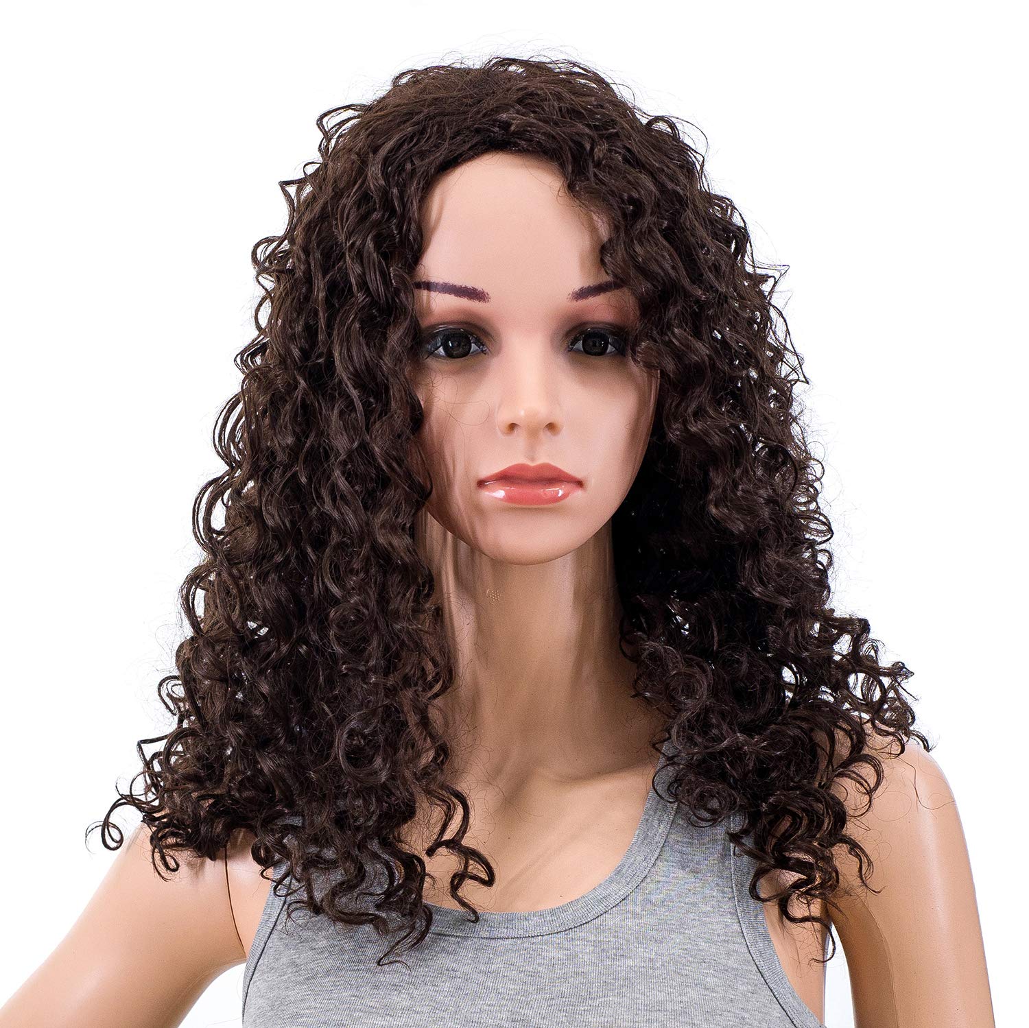 SWACC 20-Inch Long Big Bouffant Curly Wigs for Women Synthetic Heat Resistant Fiber Hair Pieces with Wig Cap (Dark Brown-4#)