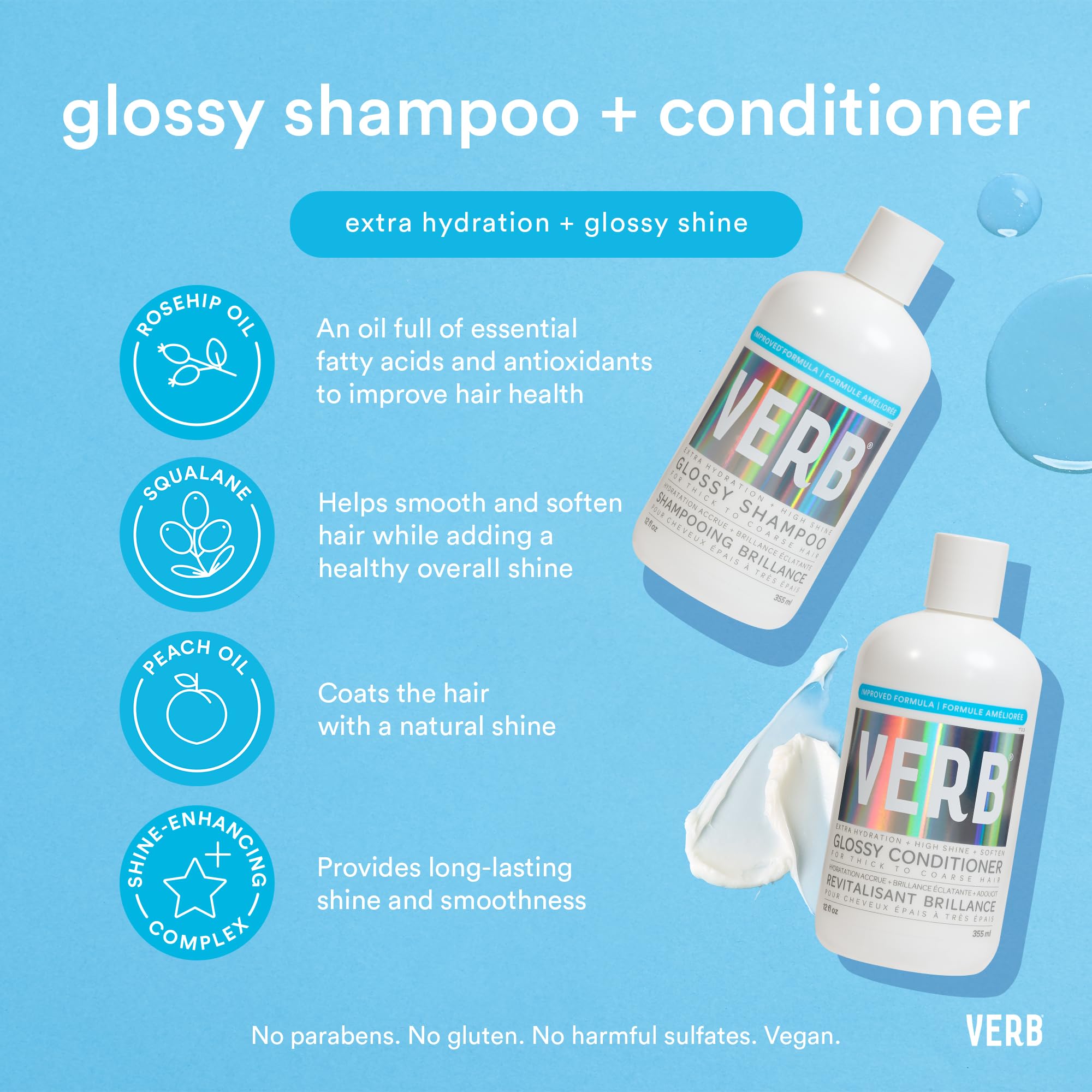 VERB Glossy Shampoo, 12 fl oz – Adds Moisture + High Shine for Thick to Coarse Hair – Sulfate, Paraben and Gluten Free.