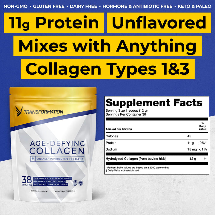 Transformation Grass-Fed Hydrolyzed Collagen Peptides Powder | Multi Types 1 & 3 | Pure Bovine | Keto Friendly | Supports Hair, Skin, Nails | 16oz Unflavored Supplement