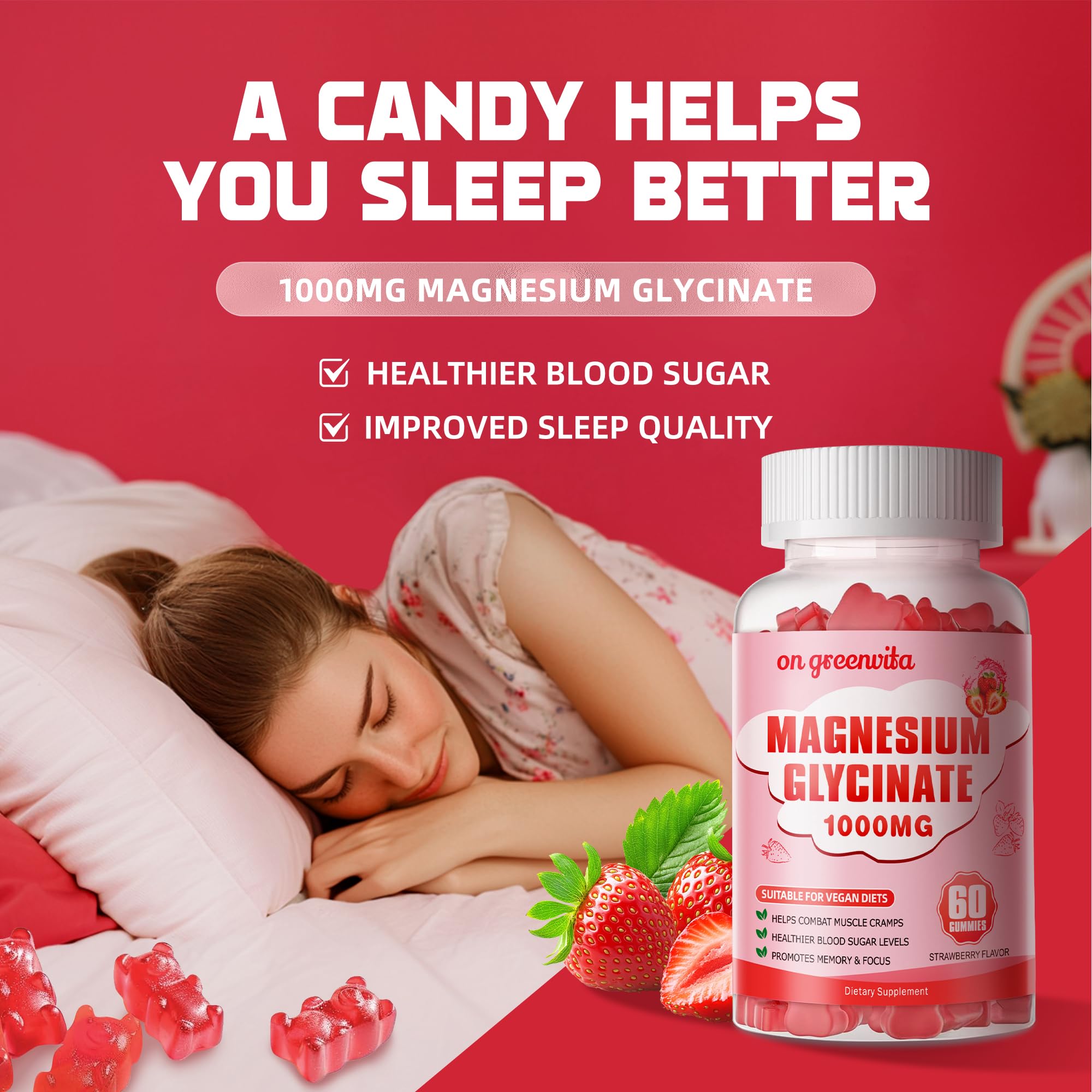 Magnesium Glycinate Gummies 1000mg - Sugar Free Magnesium Potassium Supplement with Vitamin D, B6, CoQ10 for Calm Mood & Sleep Support - 60 Strawberry Gummies