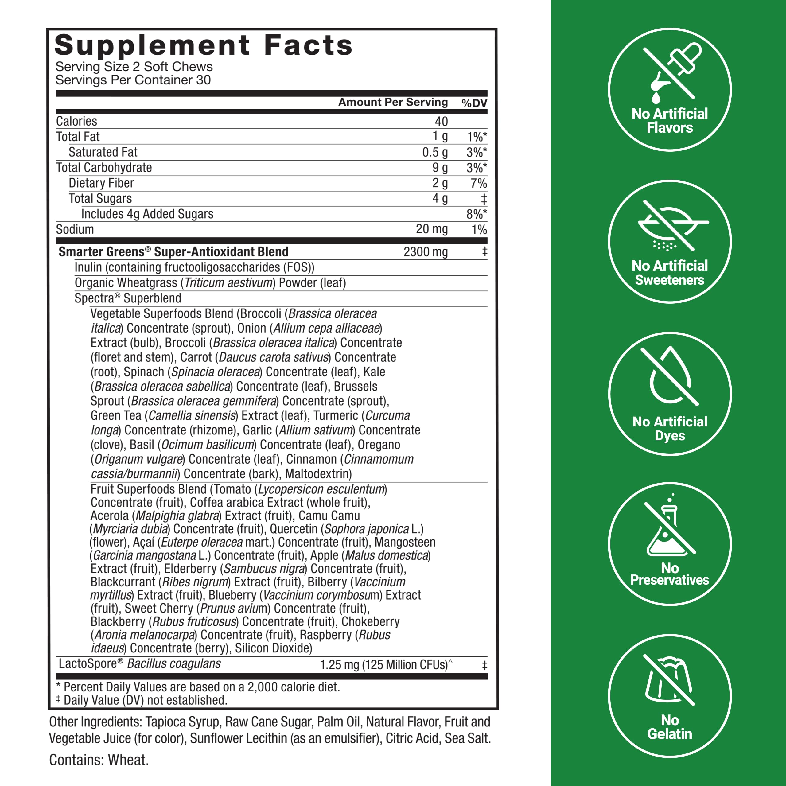 FORCE FACTOR Smarter Greens Superfood Chews, 2-Pack, Greens and Superfoods with Probiotics, Antioxidants, and Fiber, Greens Supplement to Support Digestion, Nitric Oxide, and Energy, 120 Soft Chews