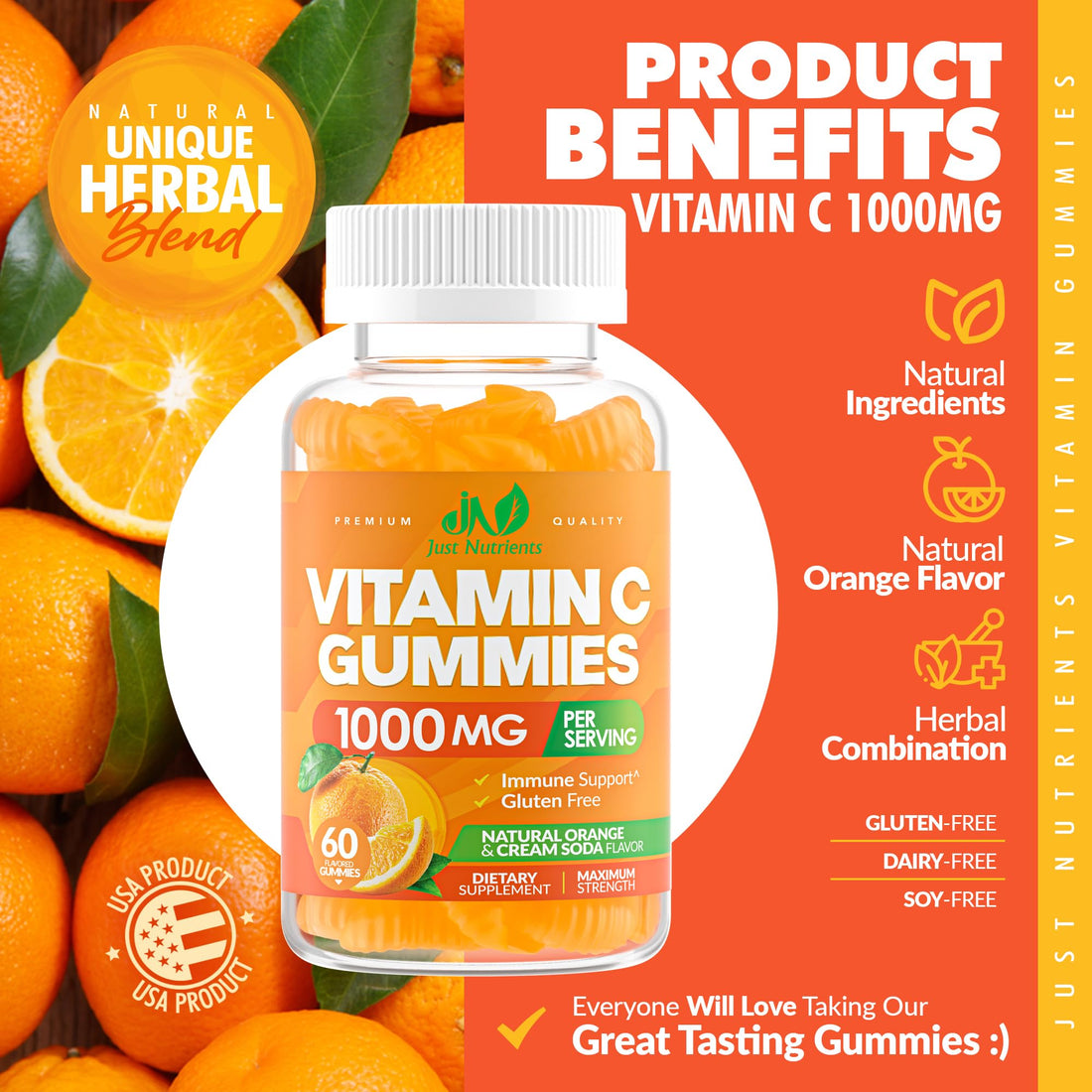 Vitamin C Gummies 1000mg for Adults & Kids – Chewable Multivitamin with Zinc for Immune System & Collagen Support for Skin – Orange Flavor – Gluten Free, Non-GMO, Vegetarian – 60 Gummies