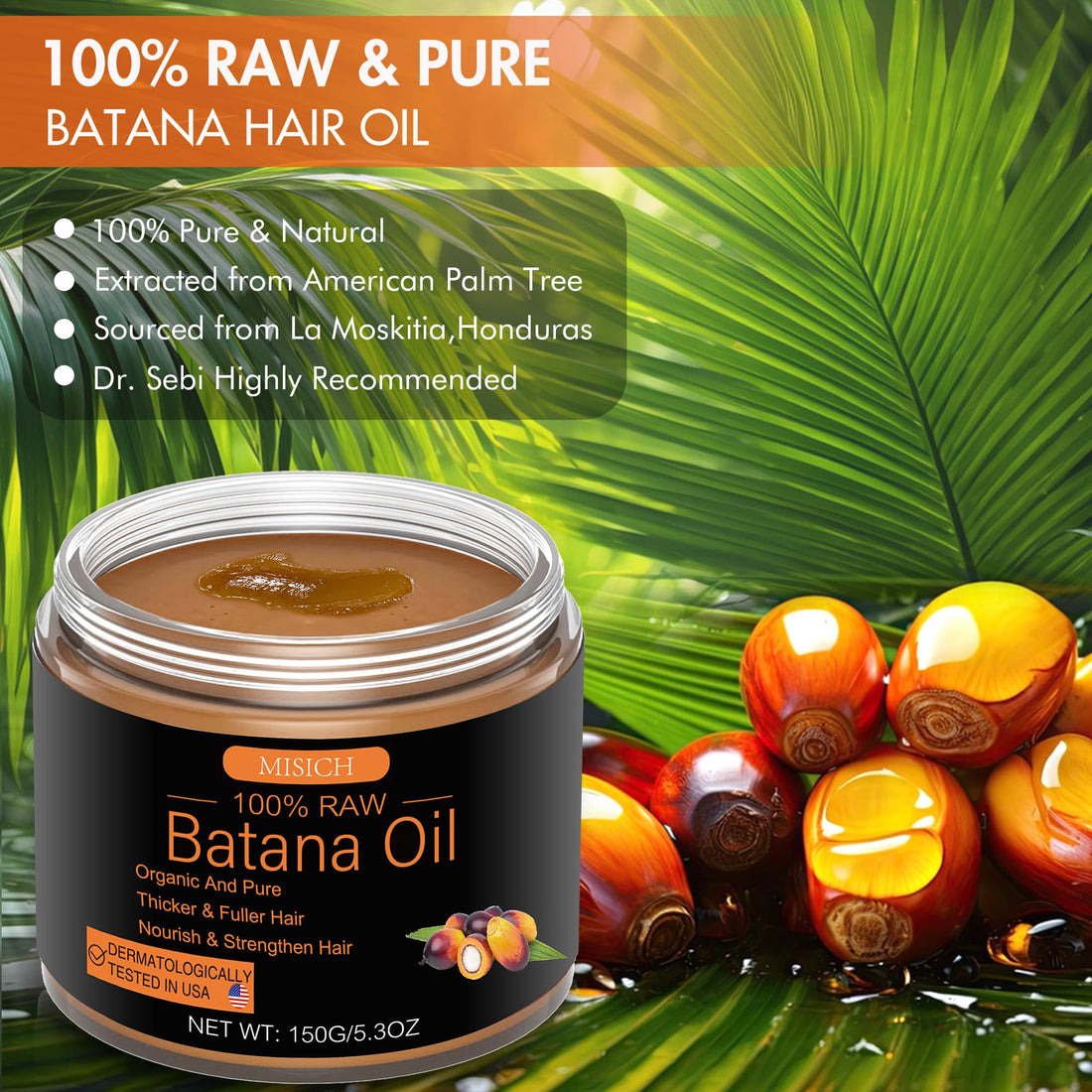 Raw Batana Oil for Hair Growth, 100% Natural Pure Dr. Sebi Botana Oil from Honduras, Unrefined Organic for Prevent Hair Loss, Enhances Thickness for Men & Women 5.3 oz