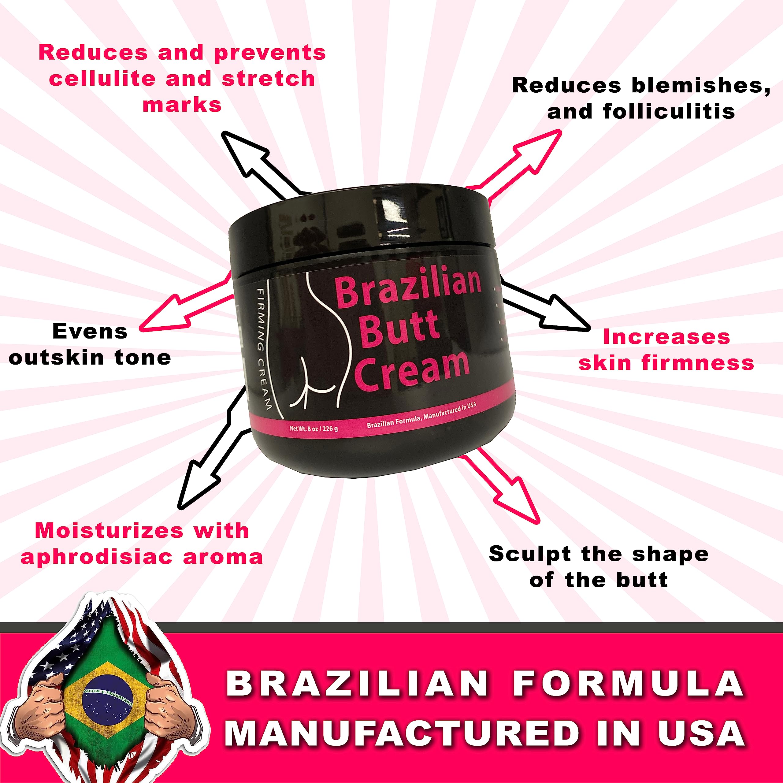 Brazilian Lift Cream - Reduce the appearance of Cellulite - Lift and Firm cream - 226 Ml/8 Oz - For All Skin Types