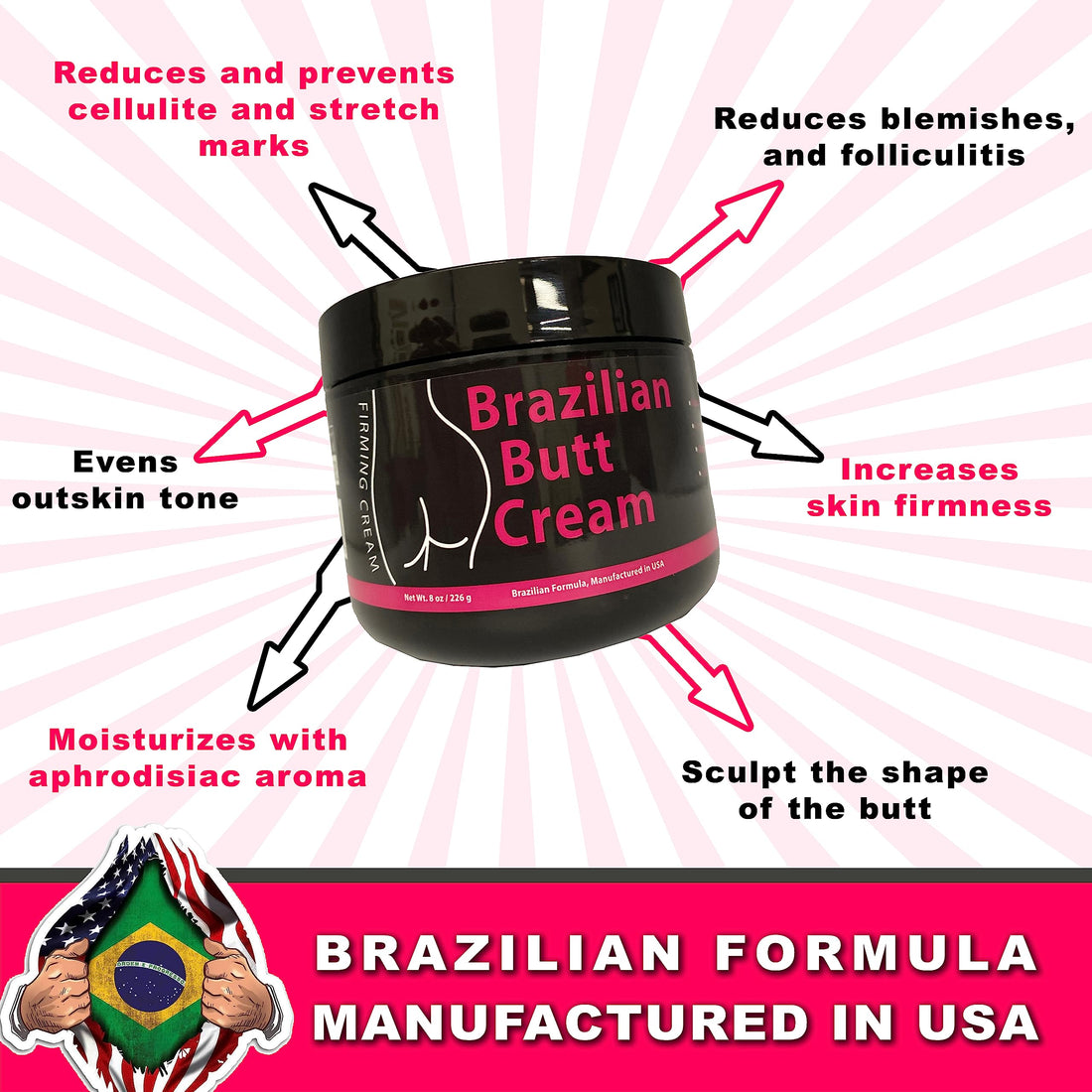 Brazilian Lift Cream - Reduce the appearance of Cellulite - Lift and Firm cream - 226 Ml/8 Oz - For All Skin Types