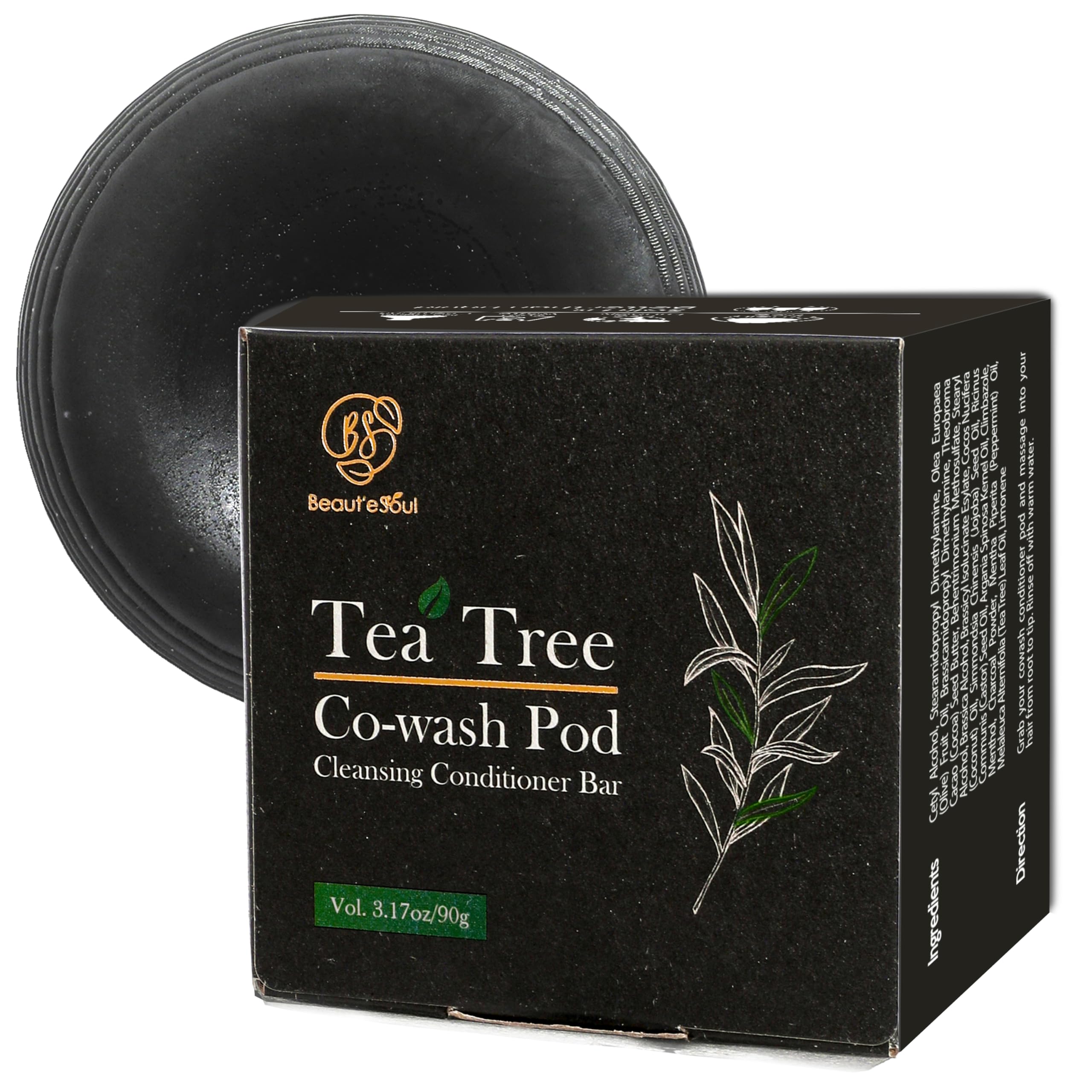 BEAUTE SEOUL Cowash Conditioner Bar: Tea Tree & Activated Charcoal for Scalp Treatment, Dandruff Care, Solid Coconut Hair Moisturizer