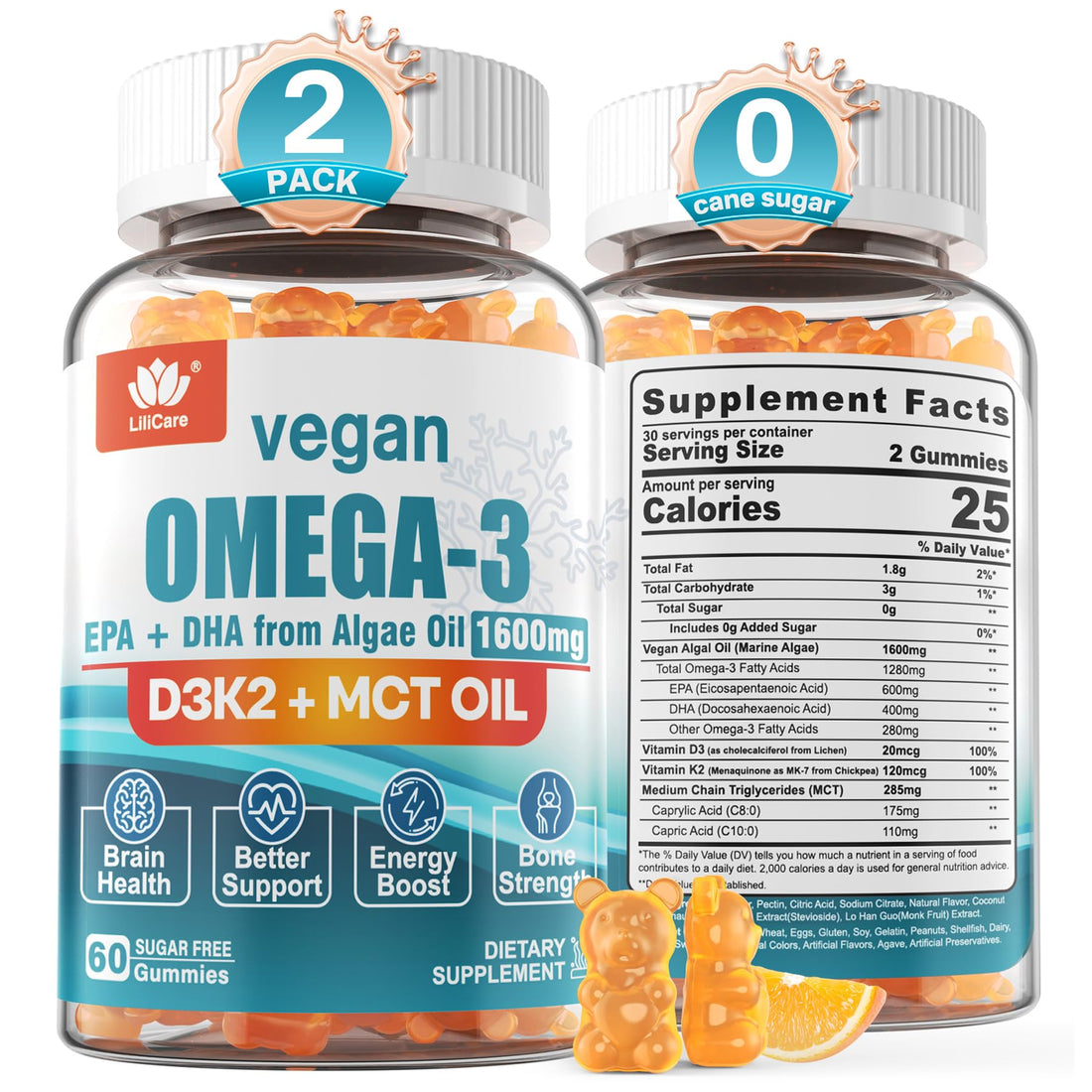 LILICARE Vegan Omega3 Gummies 1280mg + Vitamin D3 K2, Sugar Free Omega 3 Fish Oil Alternative w/EPA 600mg & DHA 400mg & MCT Oil, No Fish Taste, from Marine Algae Oil, for Brain, Eye, Immunity, 2 Pack